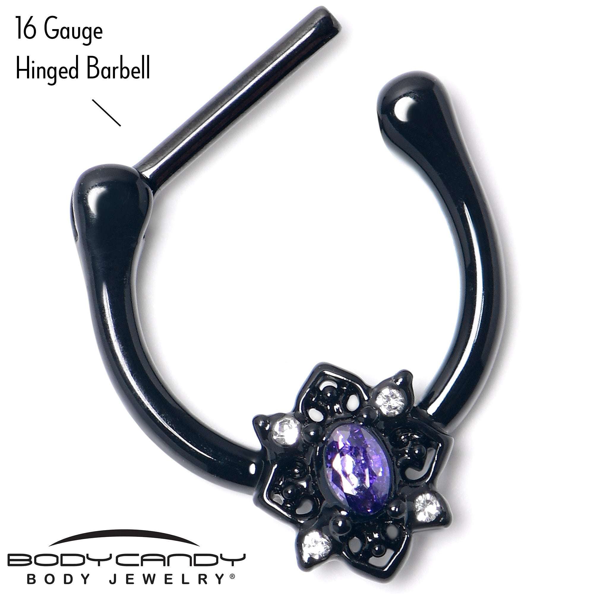 16G 5/16 Purple Gem Black Scrolling Hearts Cartilage Clicker