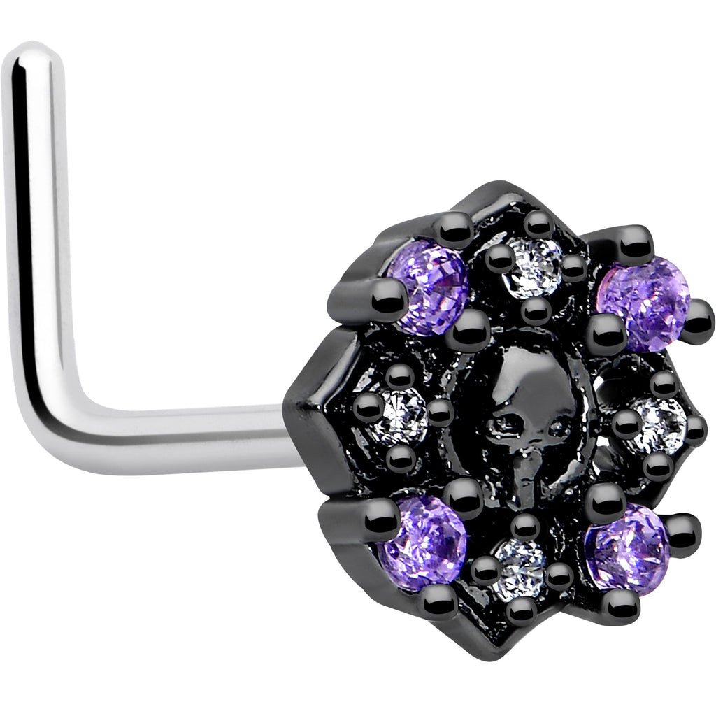 20G 7mm Pink Gem Skull Cross L Shape Nose Ring
