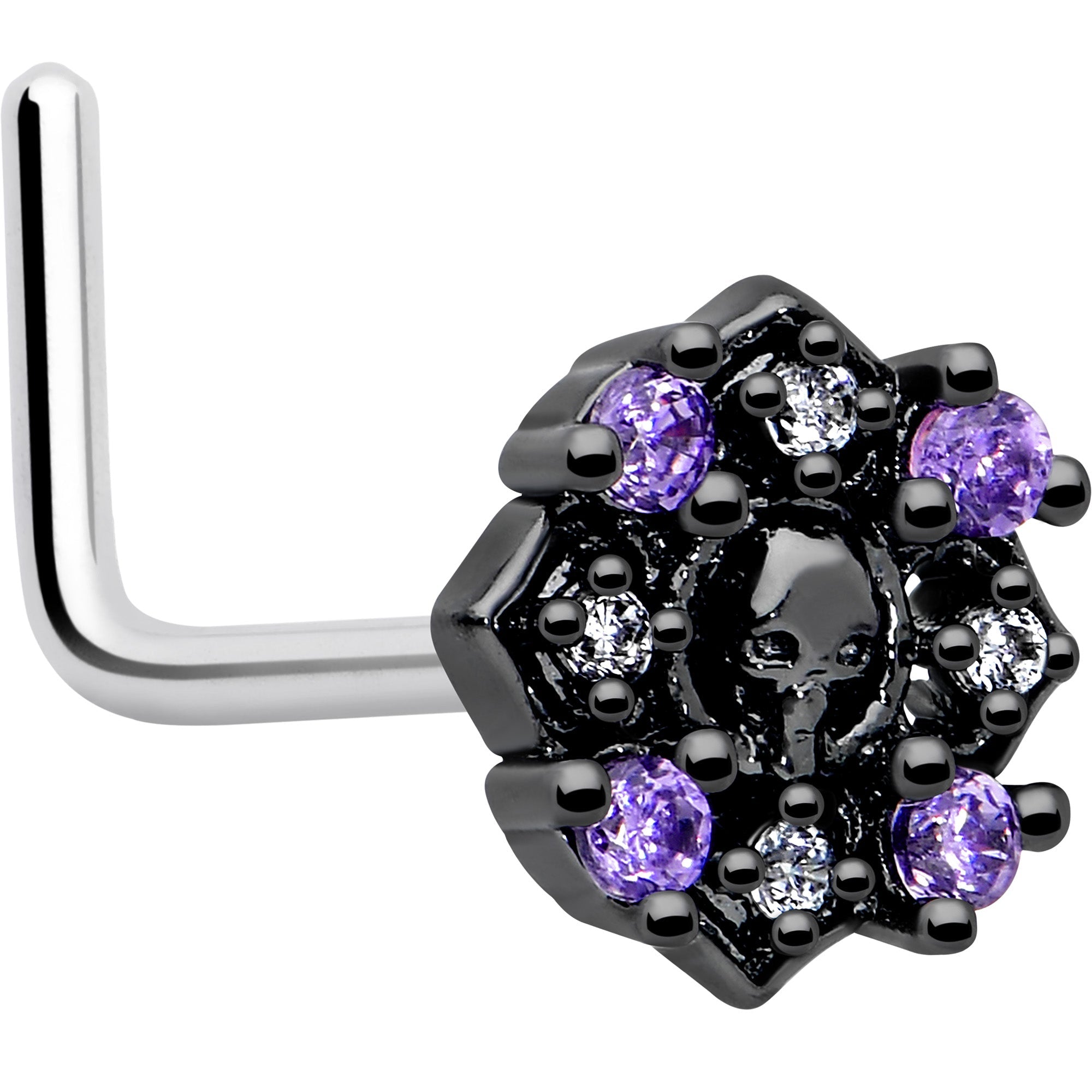 20G 7mm Pink Gem Skull Cross L Shape Nose Ring