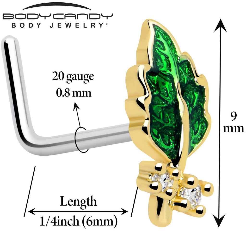 20G 7mm Clear Gem Green Leaf Golden L Shape Nose Ring