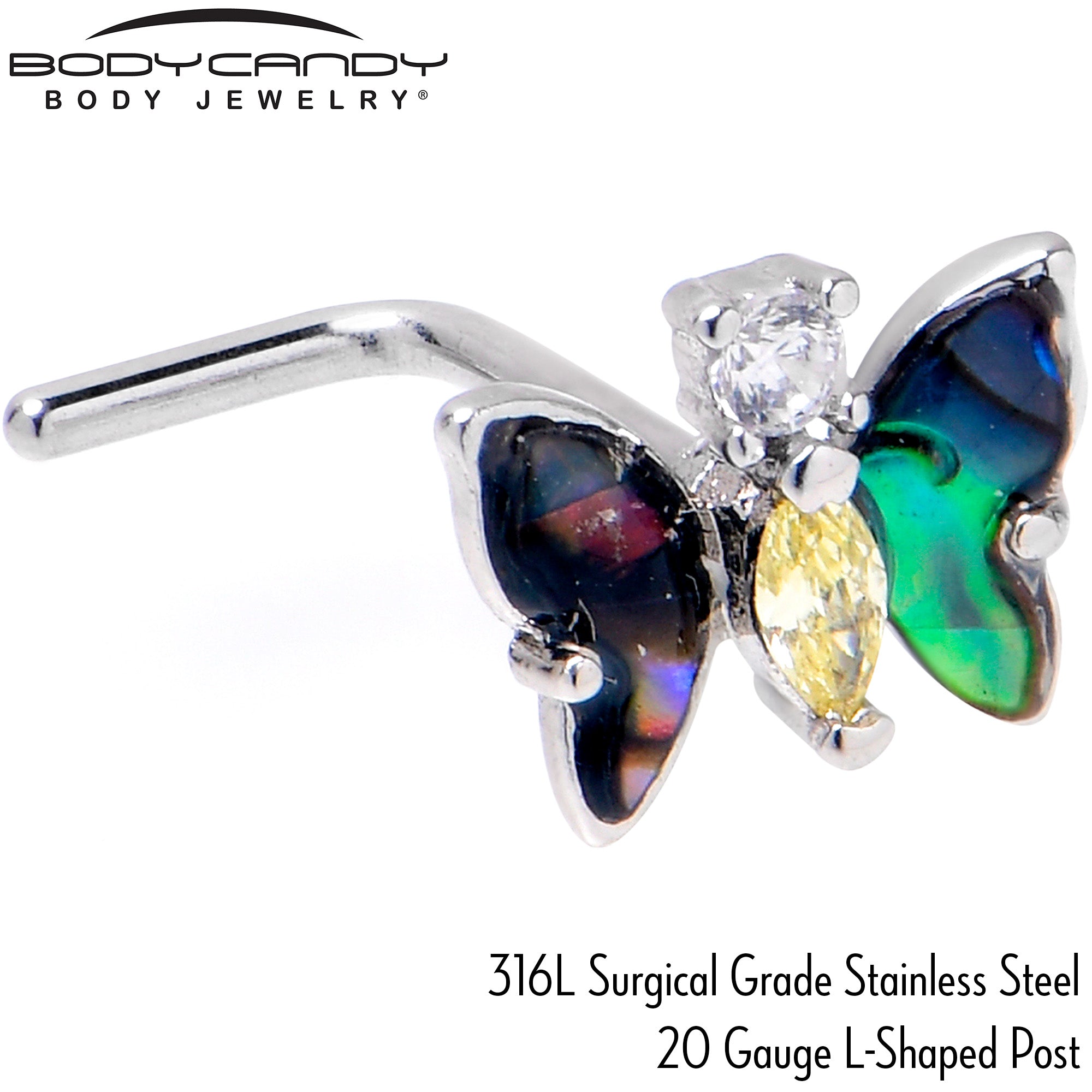 20G 7mm Yellow Clear Gem Dark Butterfly L Shape Nose Ring