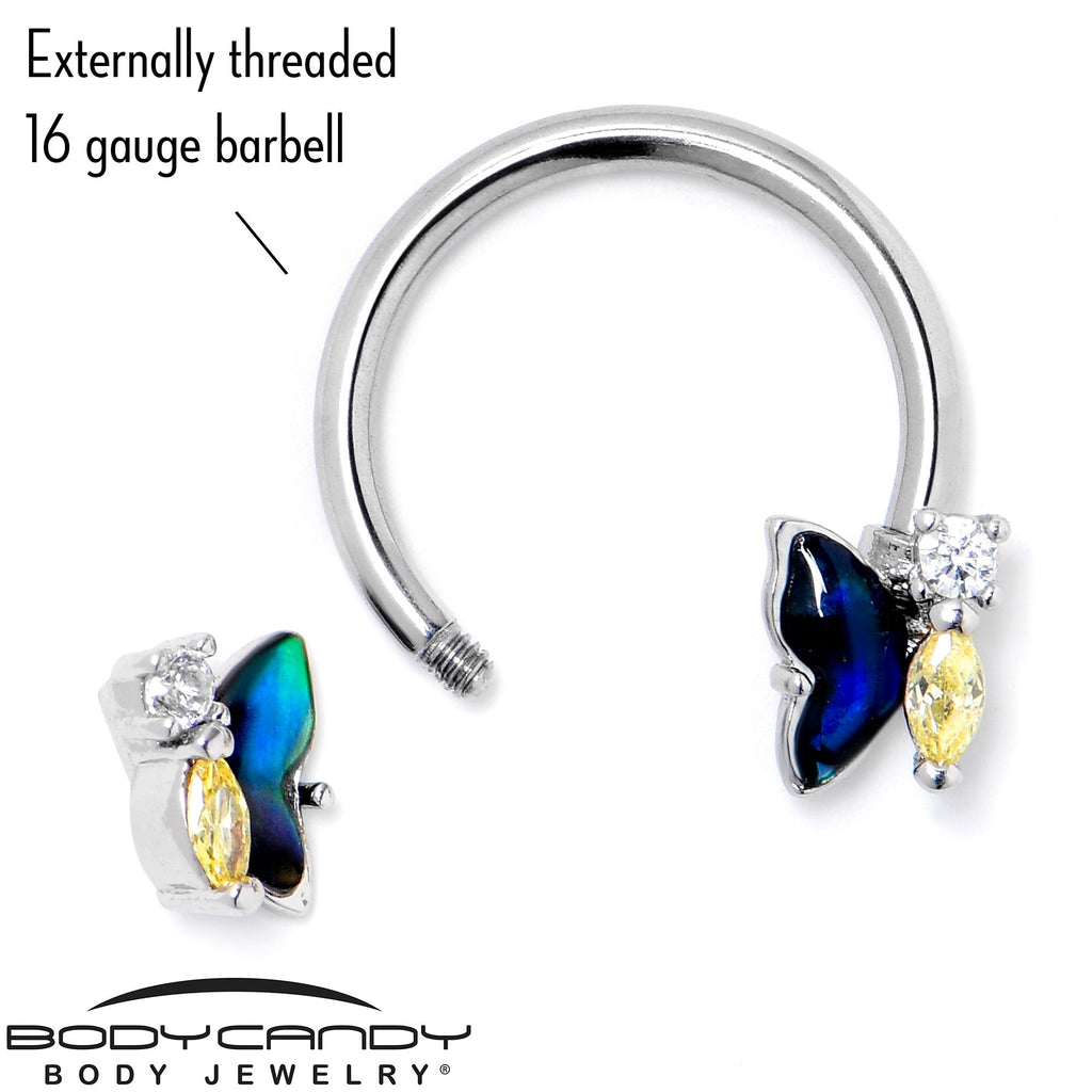 16G 3/8 Yellow Clear Gem Dark Butterfly Horseshoe Circular Barbell