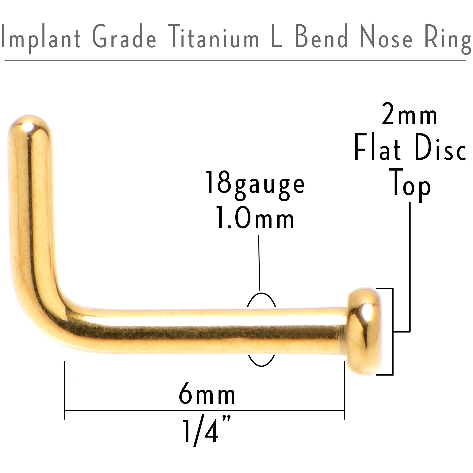 18G 1/4 Gold Tone ASTM F-136 Implant Grade Titanium 2mm Disc L Shape Nose Ring