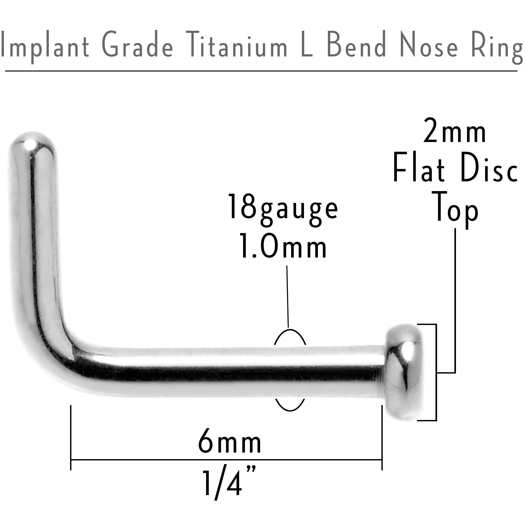 18G 1/4 ASTM F-136 Implant Grade Titanium 2mm Disc End L Shape Nose Ring