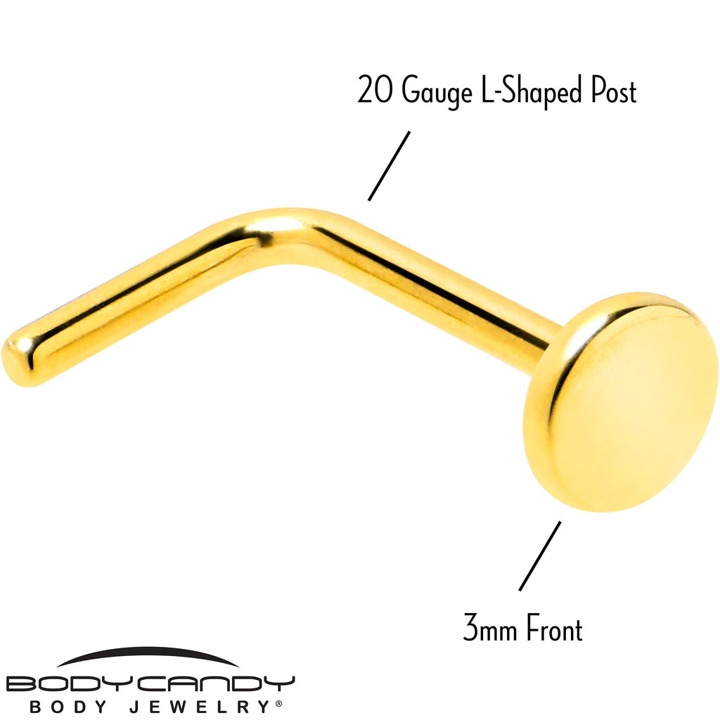 20G 1/4 Gold Tone ASTM F-136 Implant Grade Titanium 3mm Disc L Shape Nose Ring
