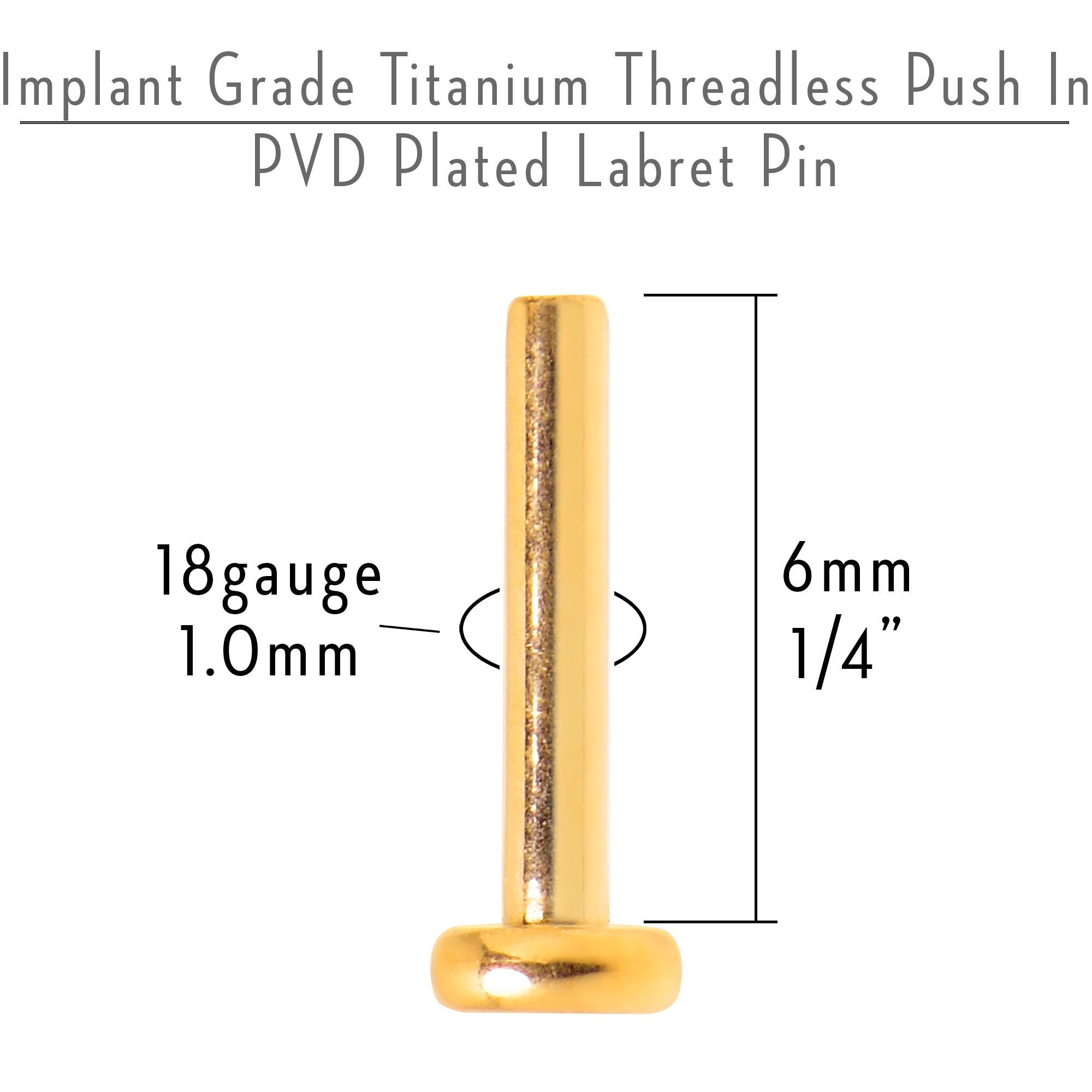 18G 1/4 Gold Tone ASTM F-136 Implant Grade Titanium Threadless Post Only Labret