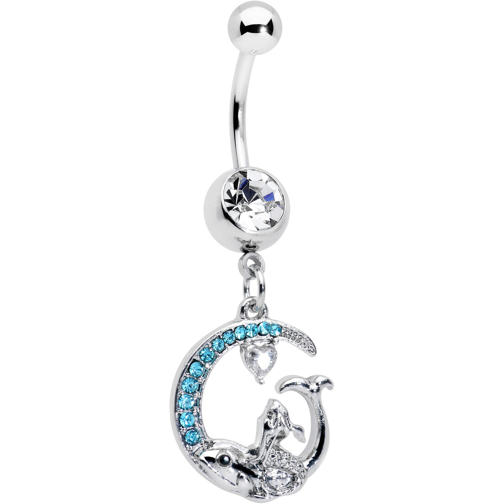 Clear Blue Gem Mermaid Whale Rider Moon Dangle Belly Ring