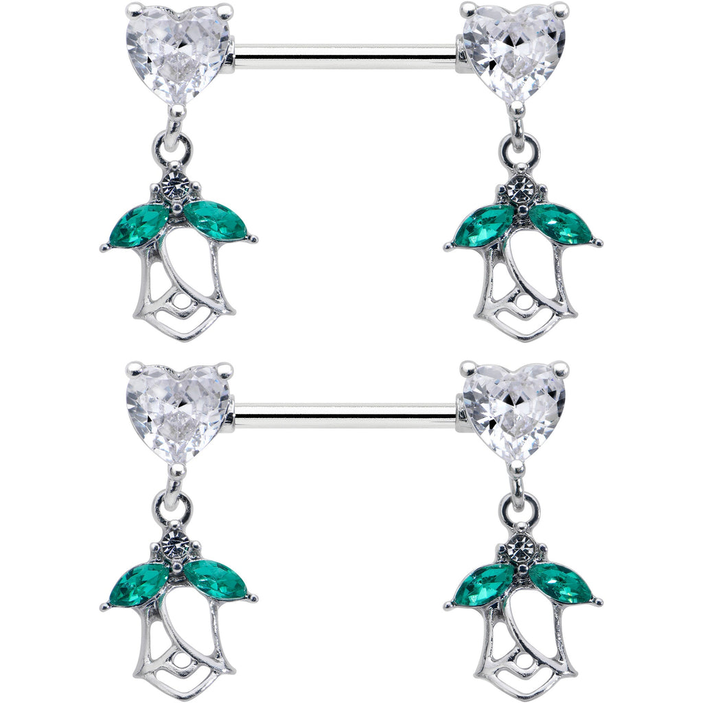 14G 9/16 Clear CZ Gem Hearts And Roses Dangle Nipple Ring Set