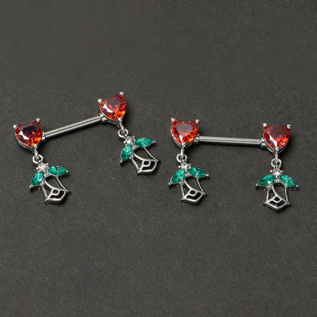 14G 9/16 Red CZ Gem Hearts And Roses Dangle Nipple Ring Set