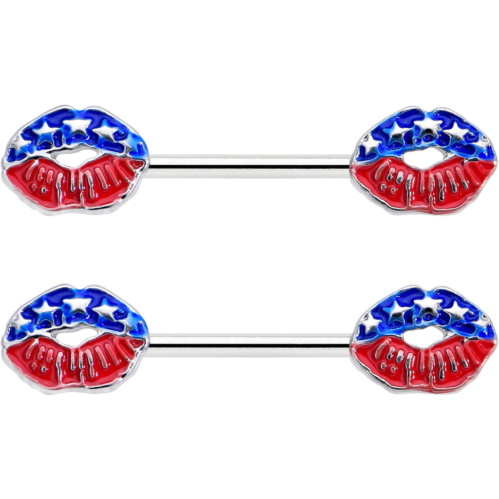 14G 9/16 Patriotic Kissy Lips Barbell Nipple Ring Set