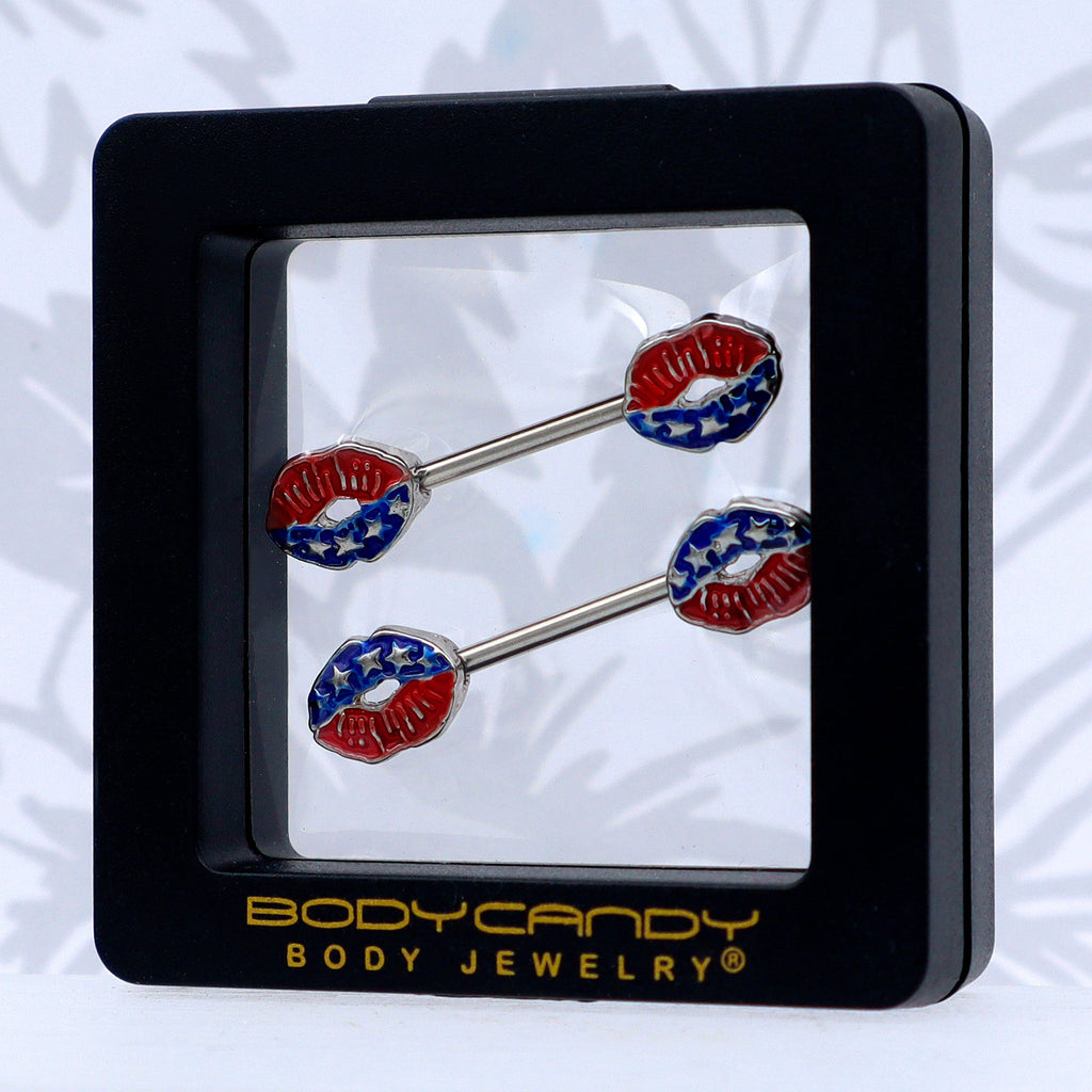 14G 9/16 Patriotic Kissy Lips Barbell Nipple Ring Set