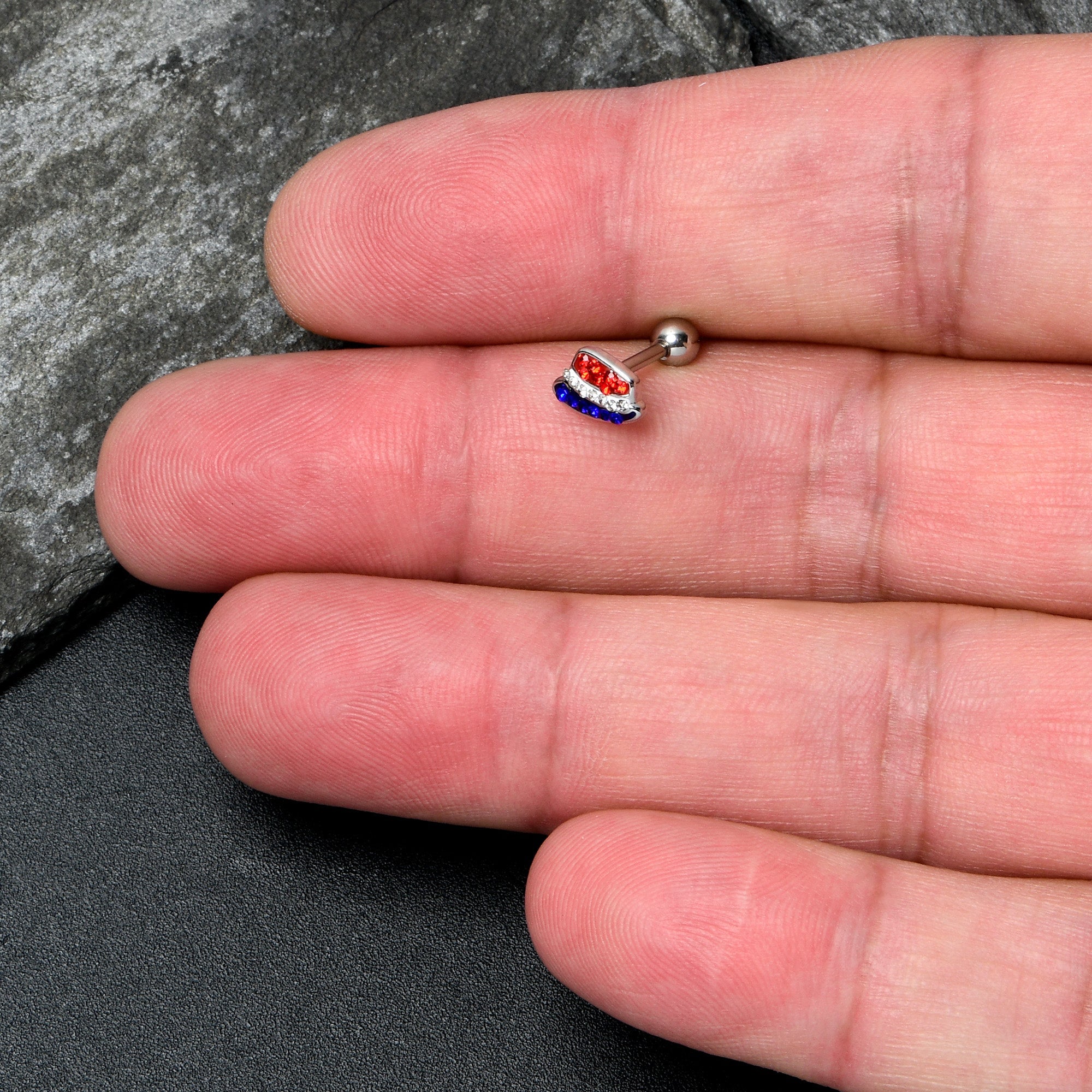 16G 1/4 Red Blue Clear Gem Patriotic Hat Cartilage Tragus Earring