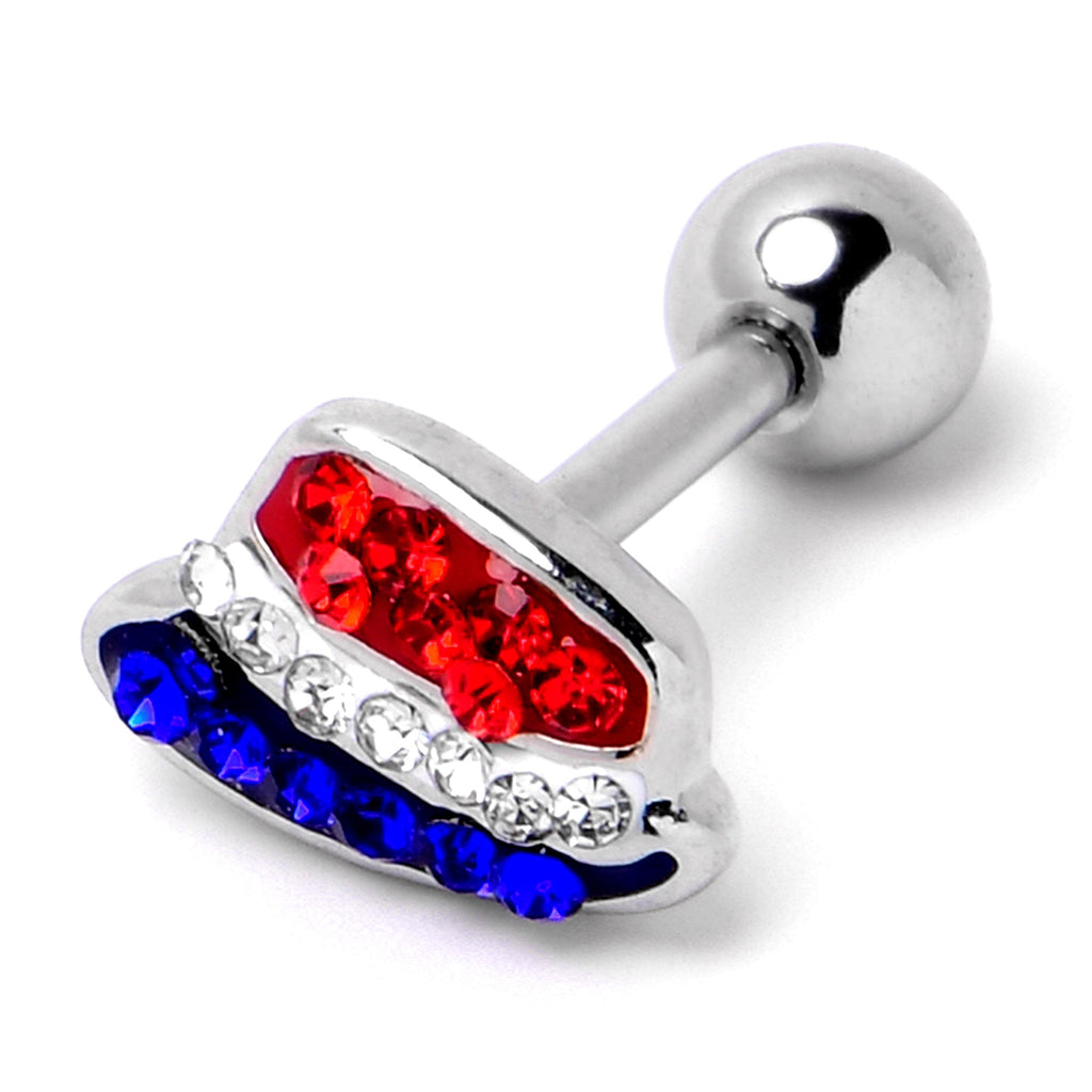 16G 1/4 Red Blue Clear Gem Patriotic Hat Cartilage Tragus Earring