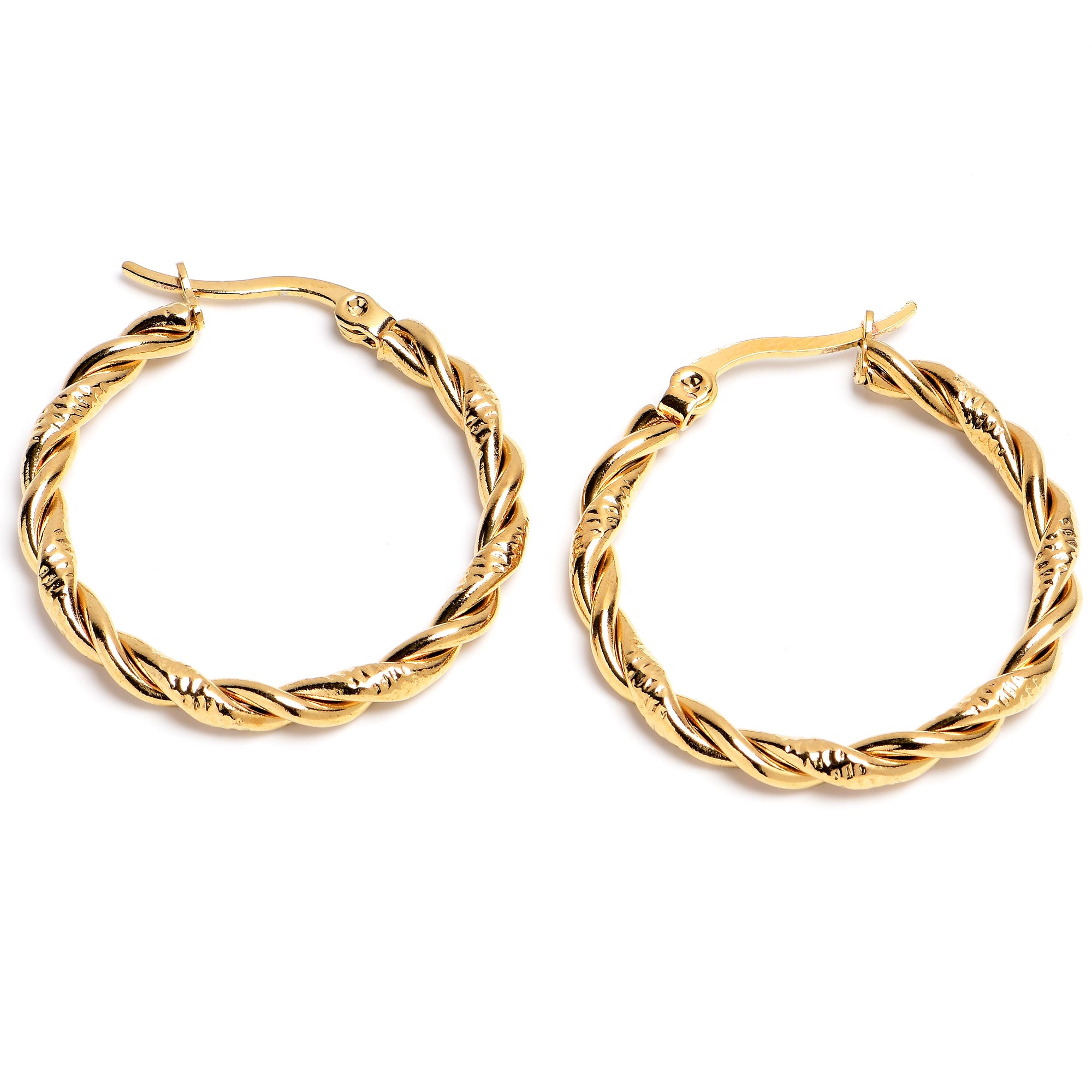 Gold PVD Steel Post Twisted 23mm Hoop Earrings