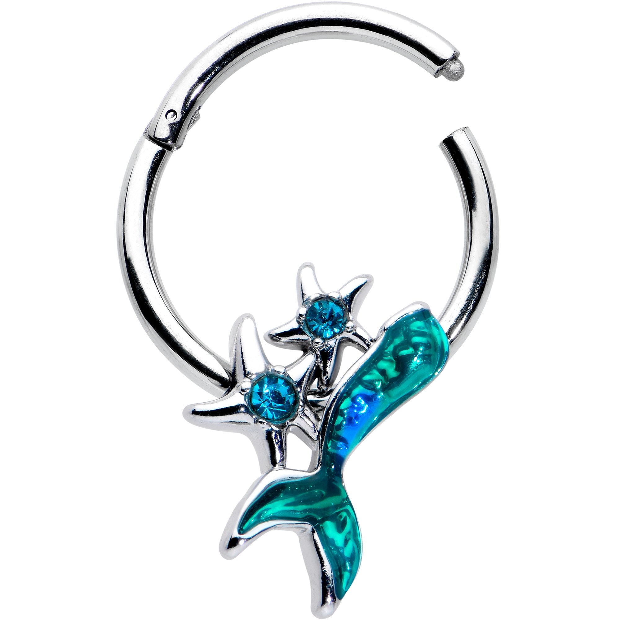 16G 3/8 Blue Gem Green Mermaid Tail Stars Hinged Segment Ring