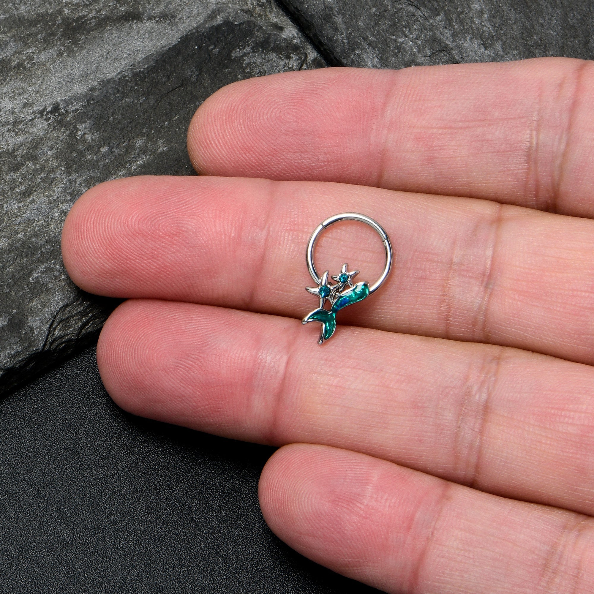16G 3/8 Blue Gem Green Mermaid Tail Stars Hinged Segment Ring