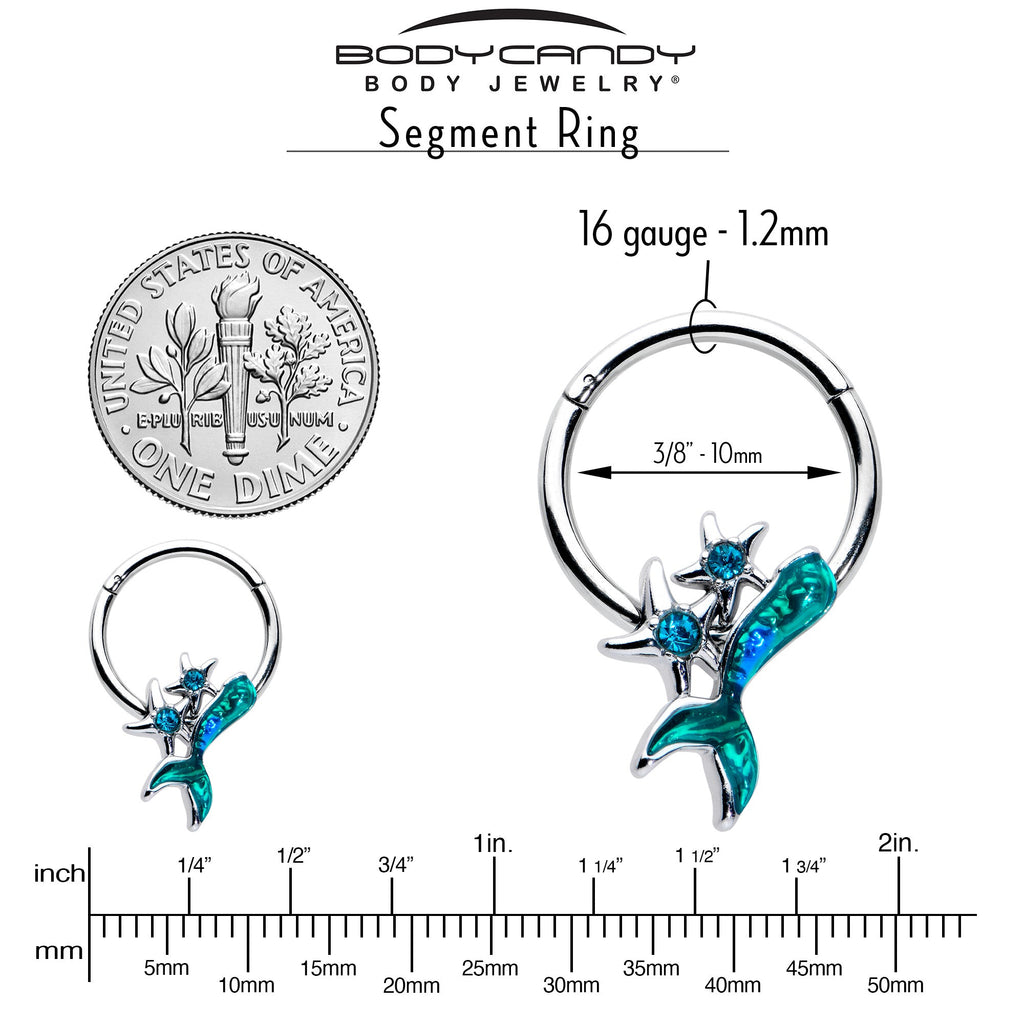 16G 3/8 Blue Gem Green Mermaid Tail Stars Hinged Segment Ring