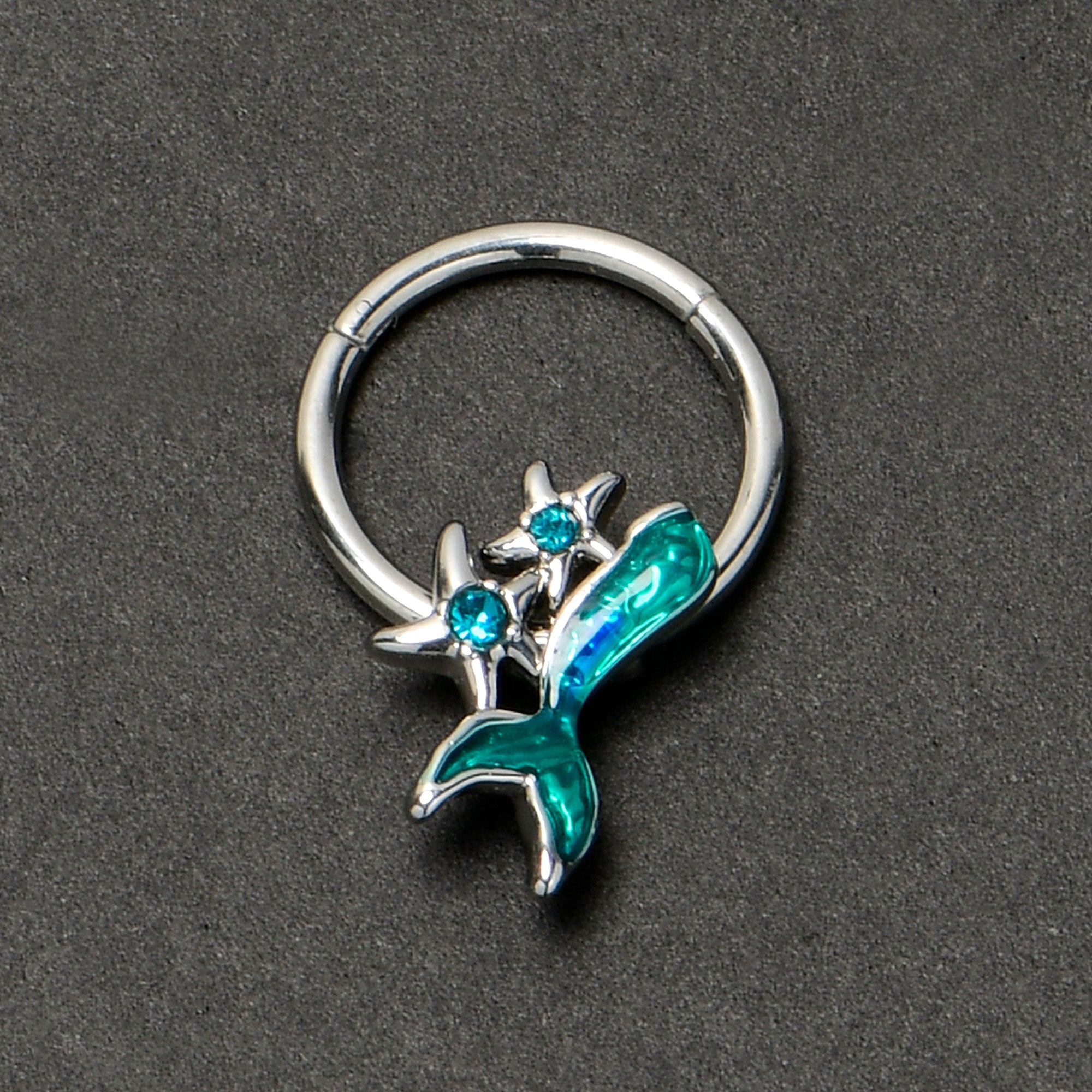 16G 3/8 Blue Gem Green Mermaid Tail Stars Hinged Segment Ring