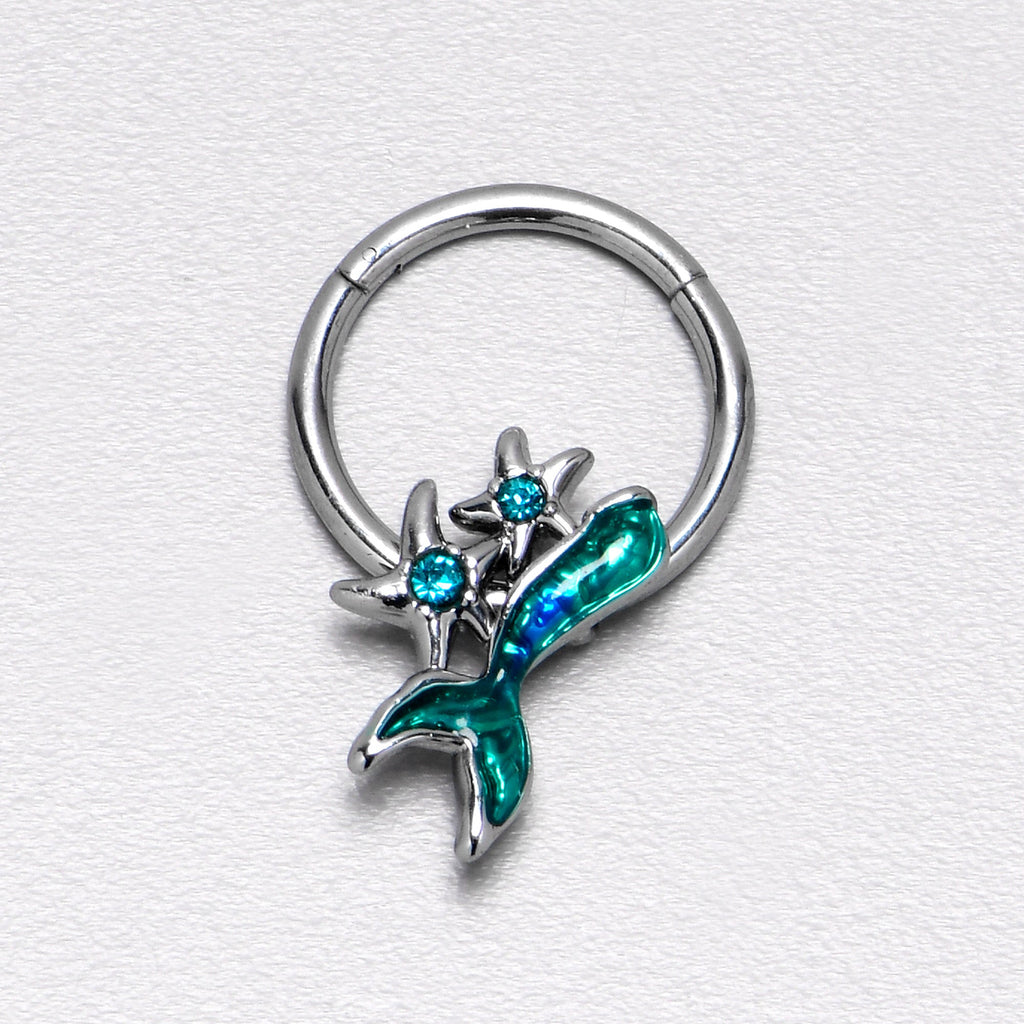16G 3/8 Blue Gem Green Mermaid Tail Stars Hinged Segment Ring