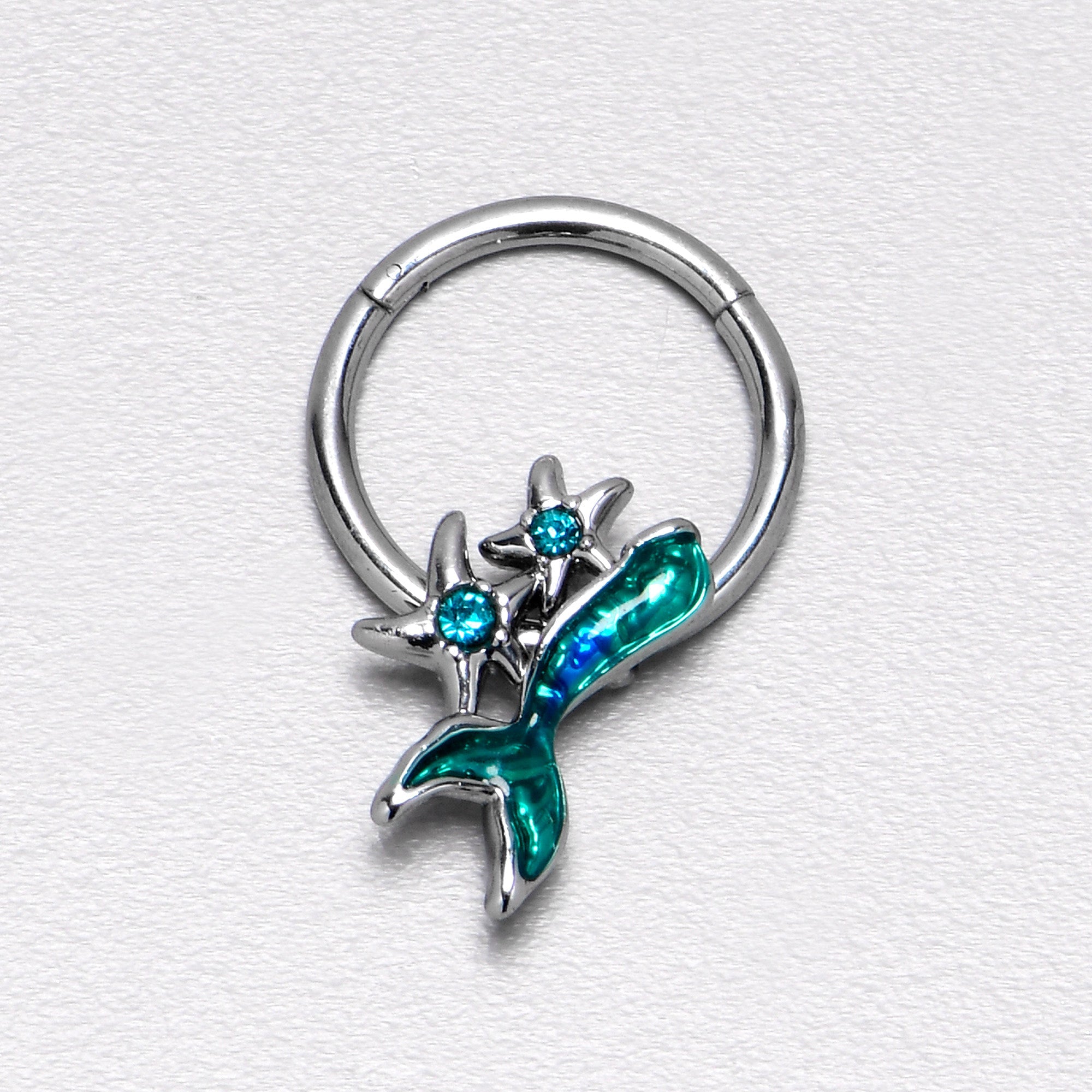 16G 3/8 Blue Gem Green Mermaid Tail Stars Hinged Segment Ring