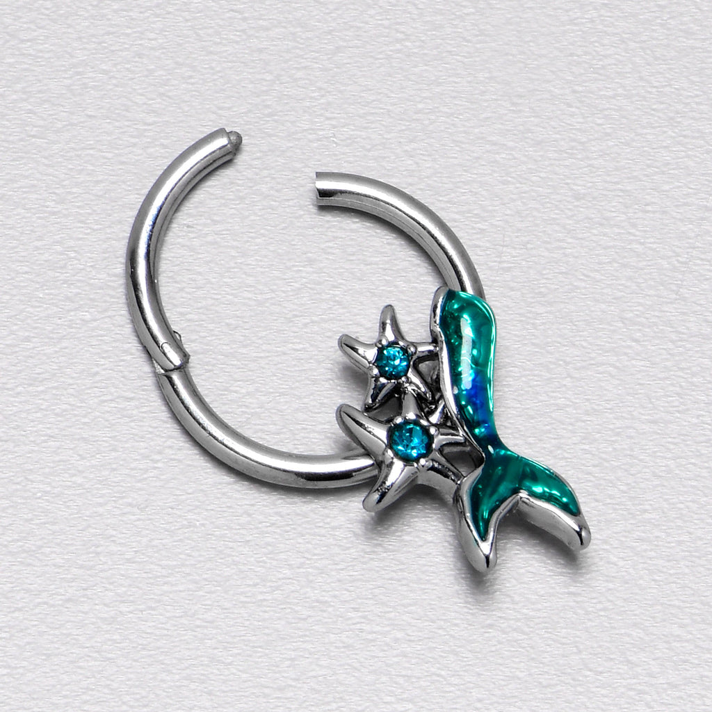 16G 3/8 Blue Gem Green Mermaid Tail Stars Hinged Segment Ring