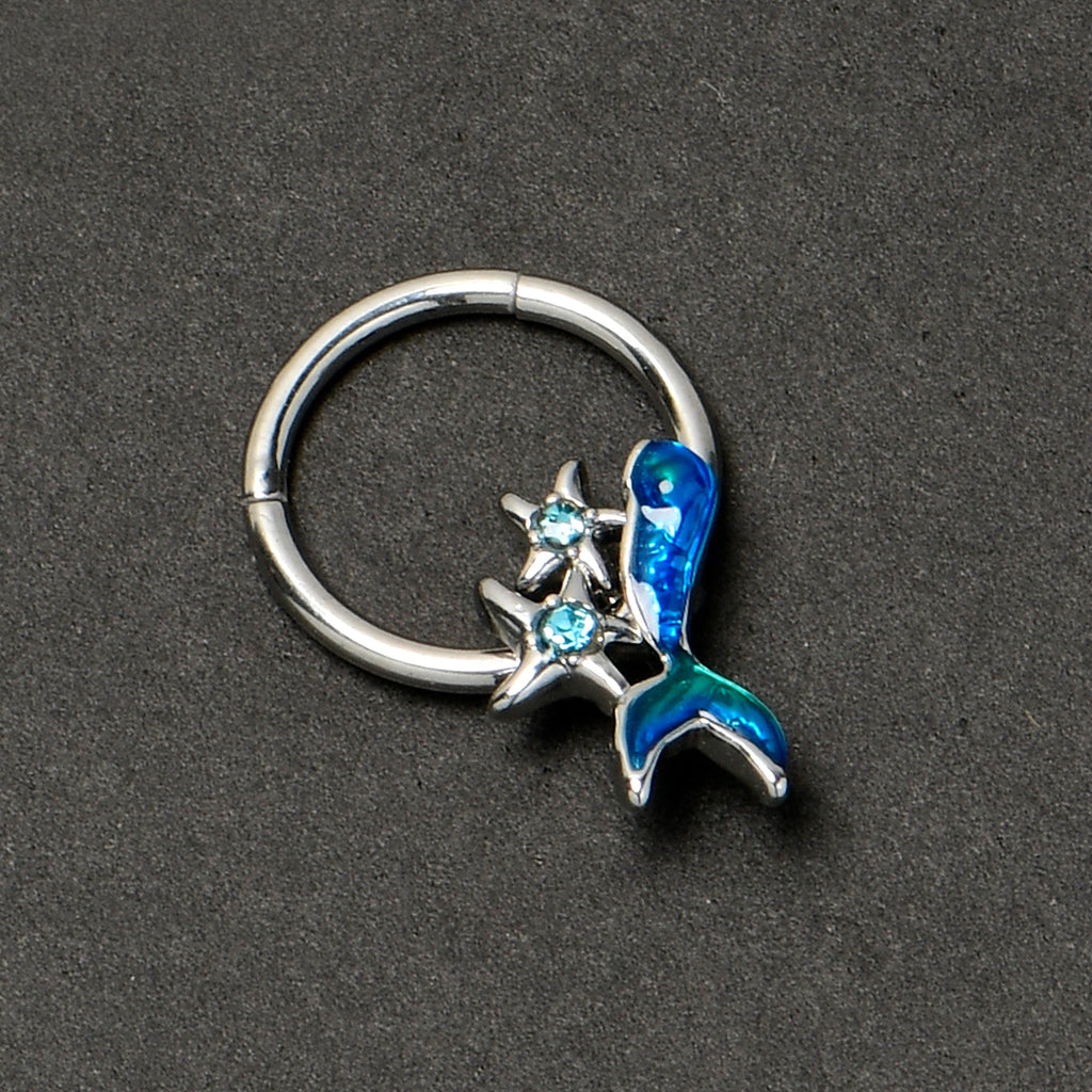 16G 3/8 Blue Gem Blue Mermaid Tail Stars Hinged Segment Ring