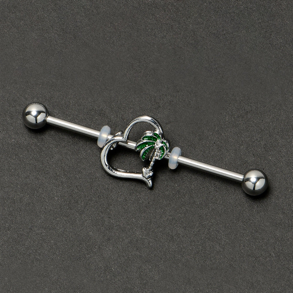 14G Clear Gem Palm Tree Love Heart Industrial Barbell 38mm
