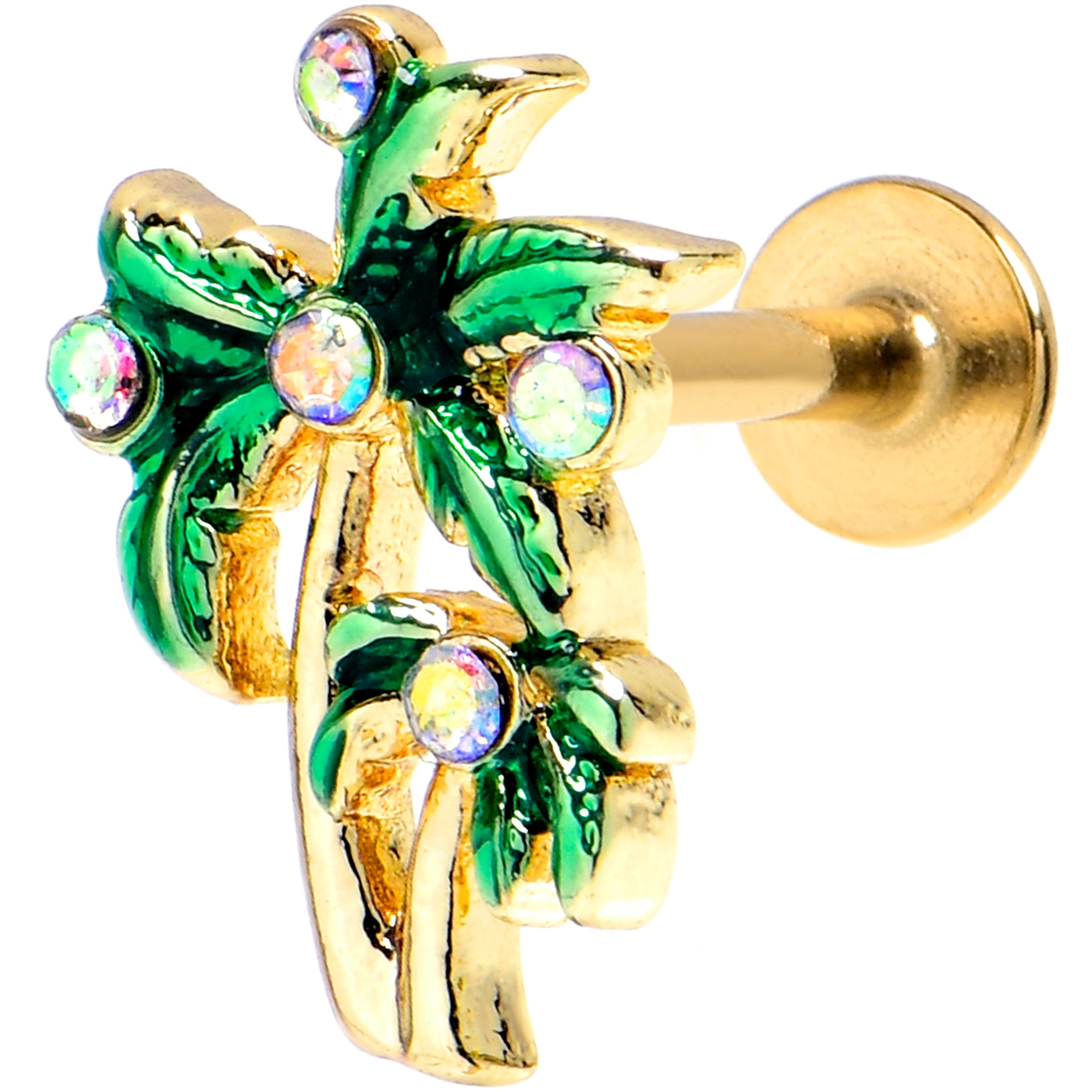 16G 1/4 Aurora Gem Gold Tone Palm Tree Glam Labret
