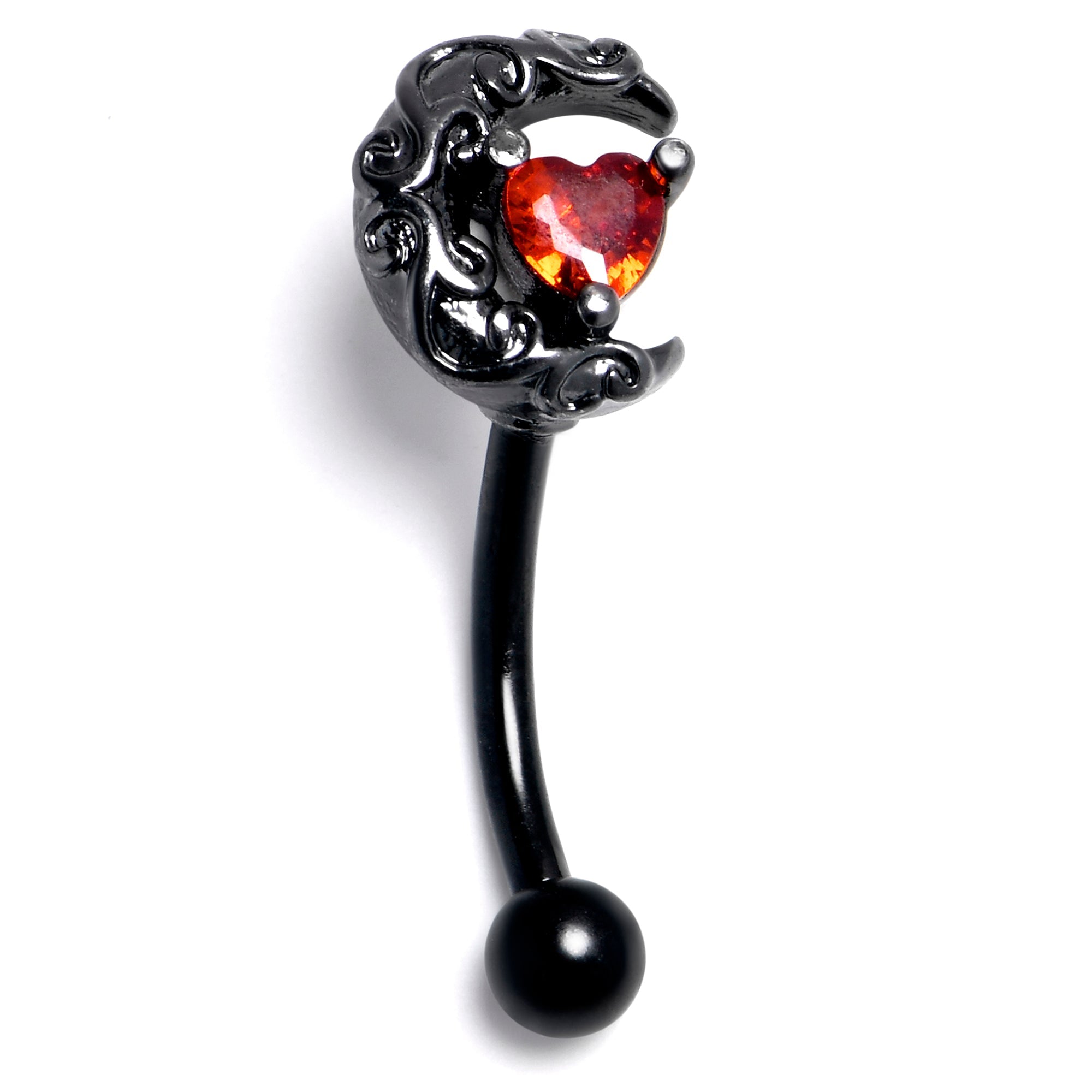 16G 5/16 Red CZ Gem Black Scrolling Moon Heart Curved Eyebrow Ring