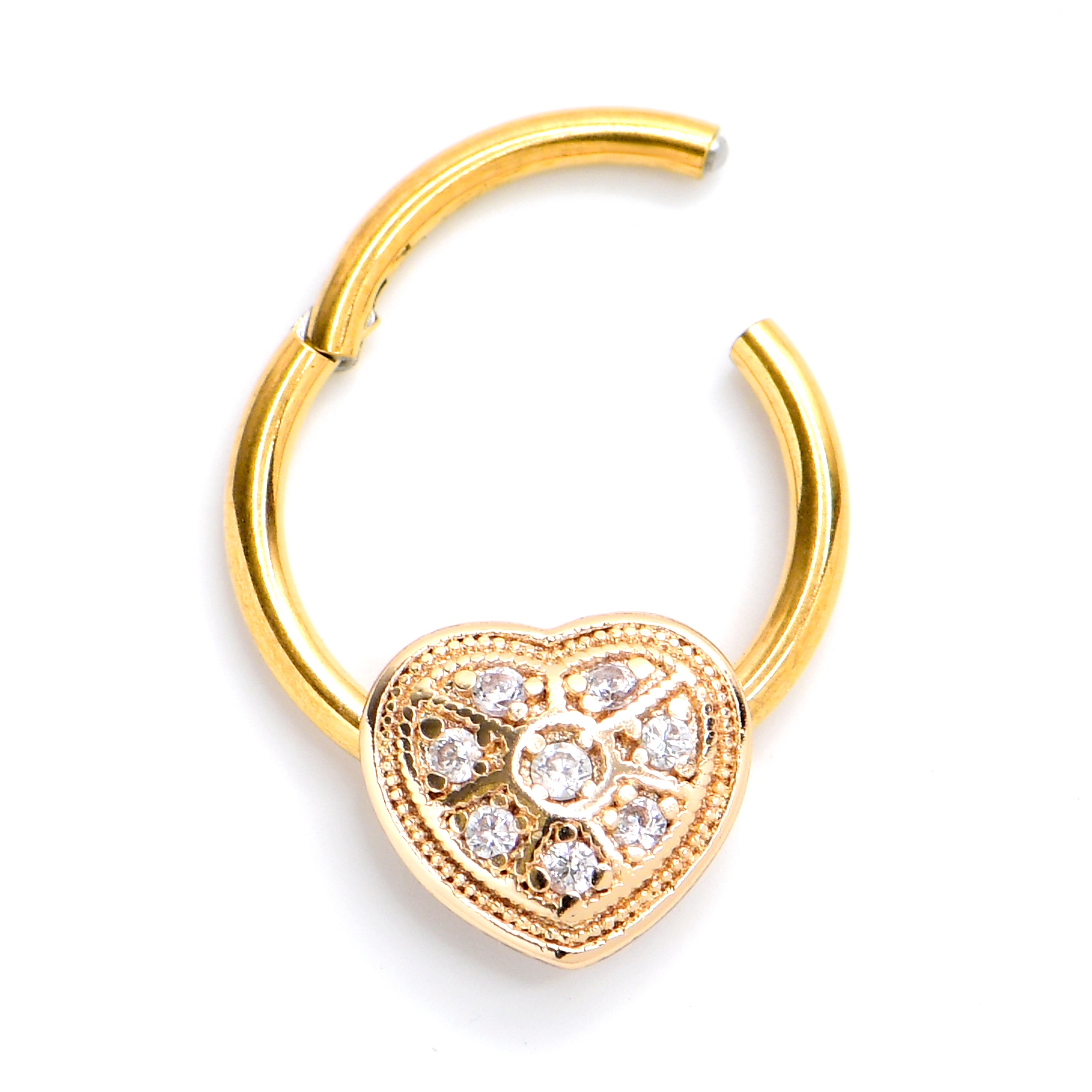 16G 3/8 Clear Gem Gold Tone Ultra Luxe Heart Hinged Segment Ring