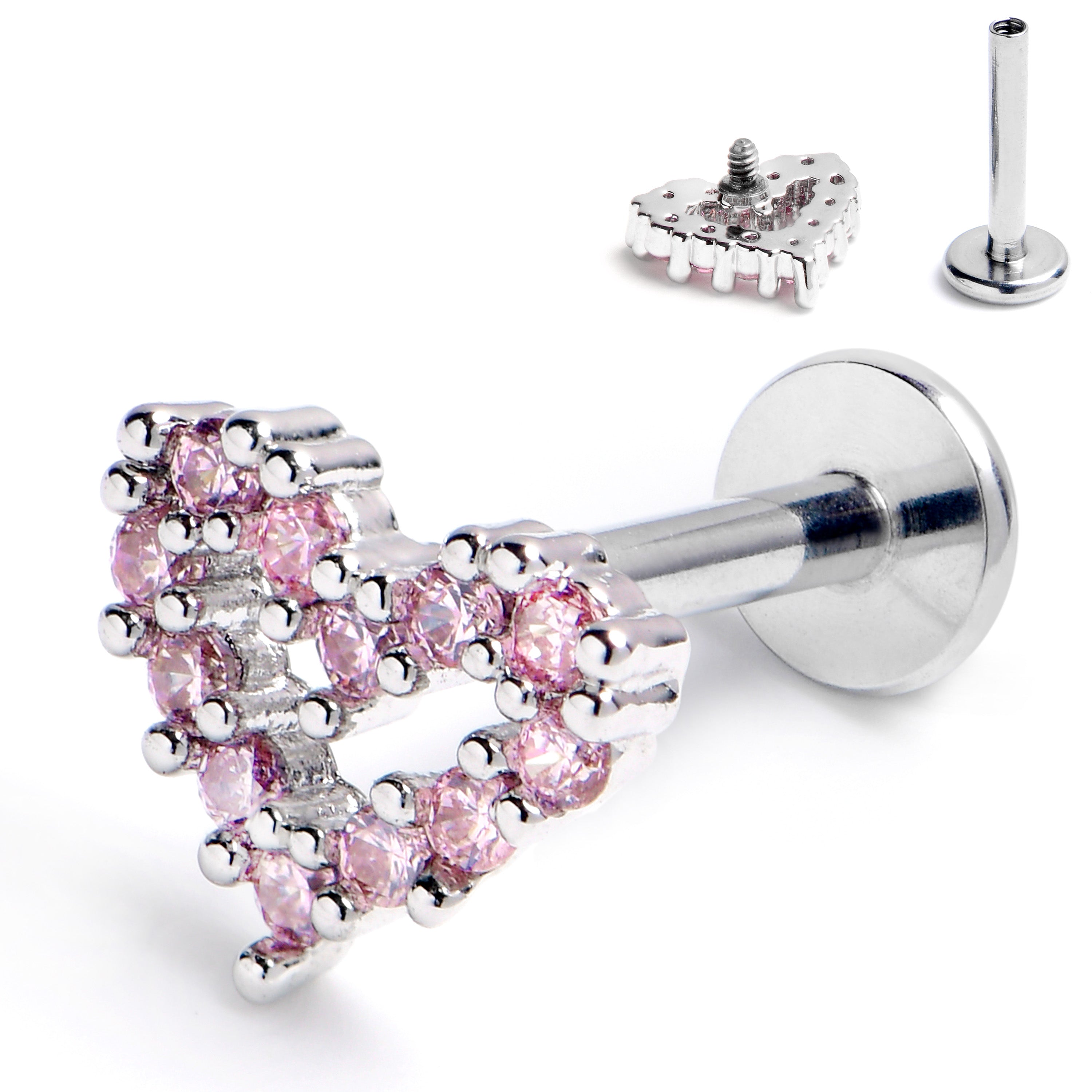 16G 5/16 Pink CZ Gem Open Heart Internally Threaded Labret Tragus