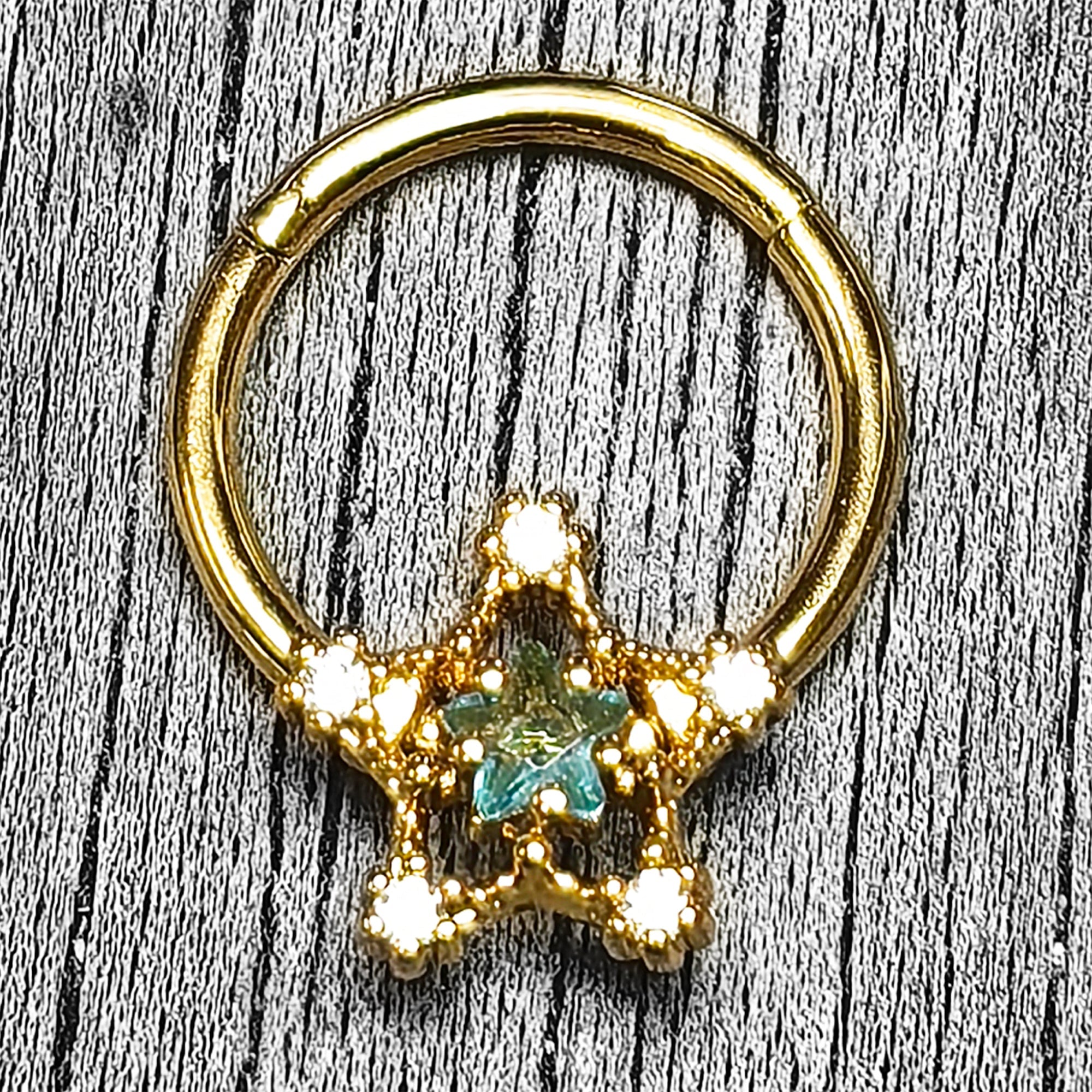 16G 3/8 Blue Clear Gem Gold Tone Starry Glam Hinged Segment Ring