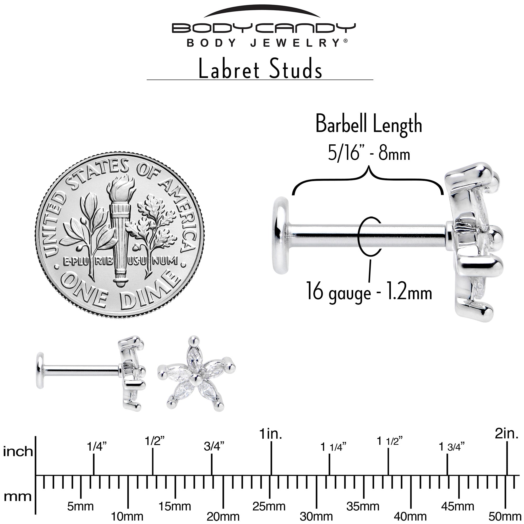16G 5/16 Clear CZ Gem Flower Fantastic Internally Threaded Labret