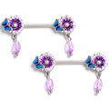 14G Purplish Passion Flower Butterfly Dangle Nipple Ring Set