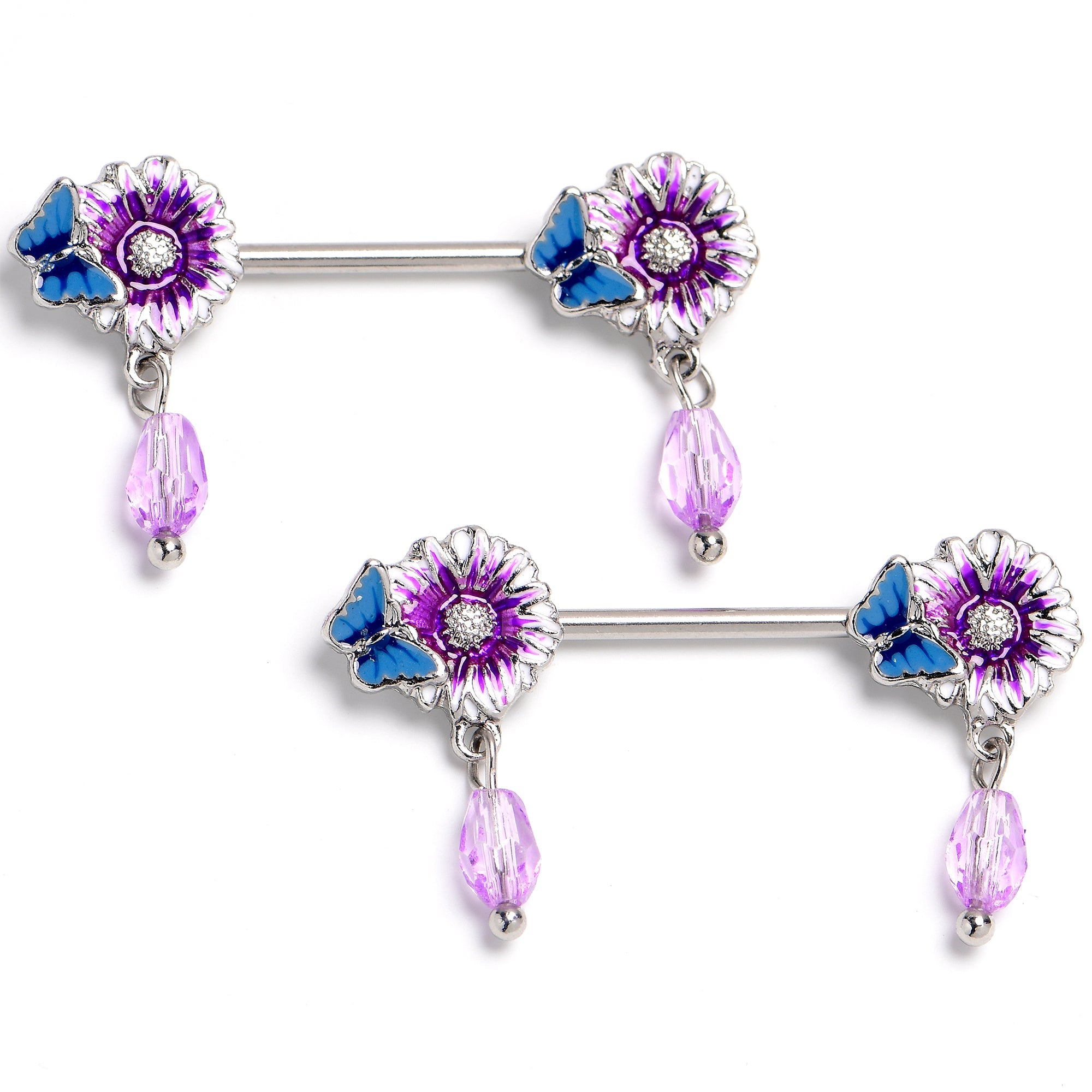 14G Purplish Passion Flower Butterfly Dangle Nipple Ring Set