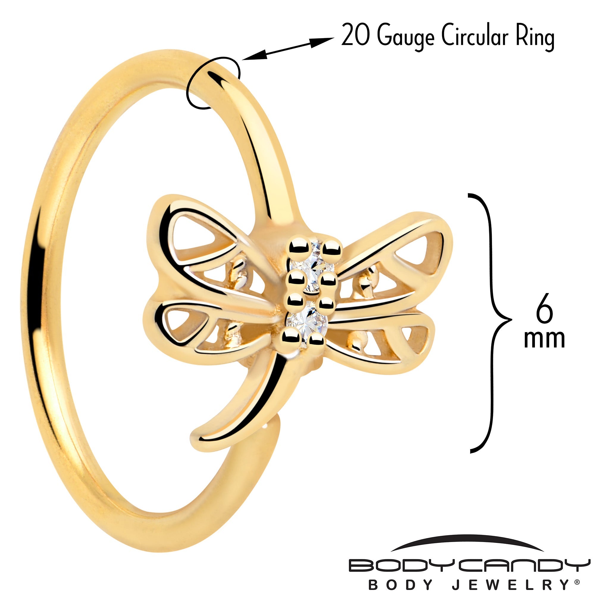 20G 5/16 Clear Gem Gold Tone Filigree Dragonfly Nose Hoop