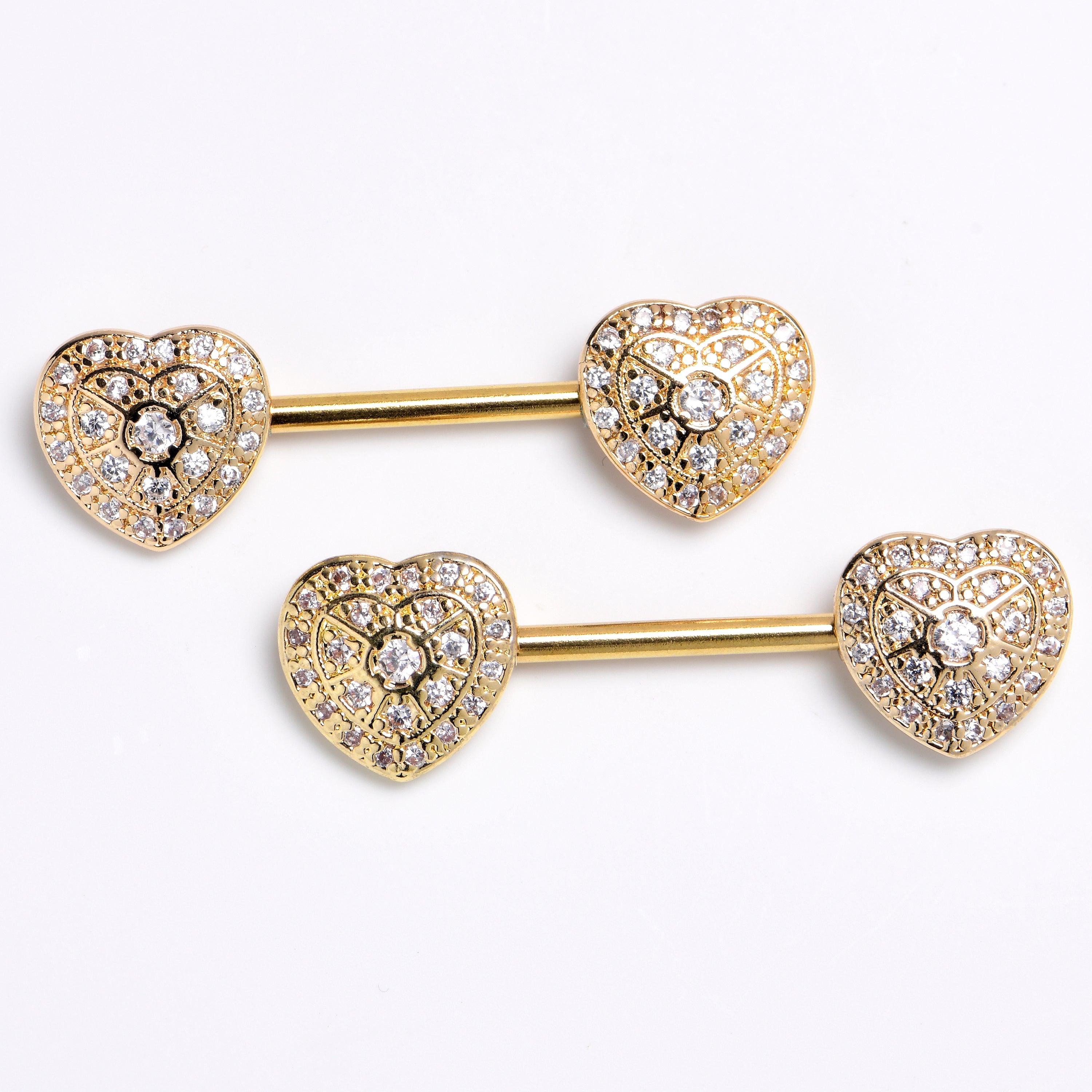 14G 9/16 Clear CZ Gem Gold Tone Luxe Heart Barbell Nipple Ring Set