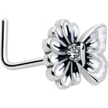 20G 1/4 Clear CZ Gem Butterfly Blossom White L Shape Nose Ring
