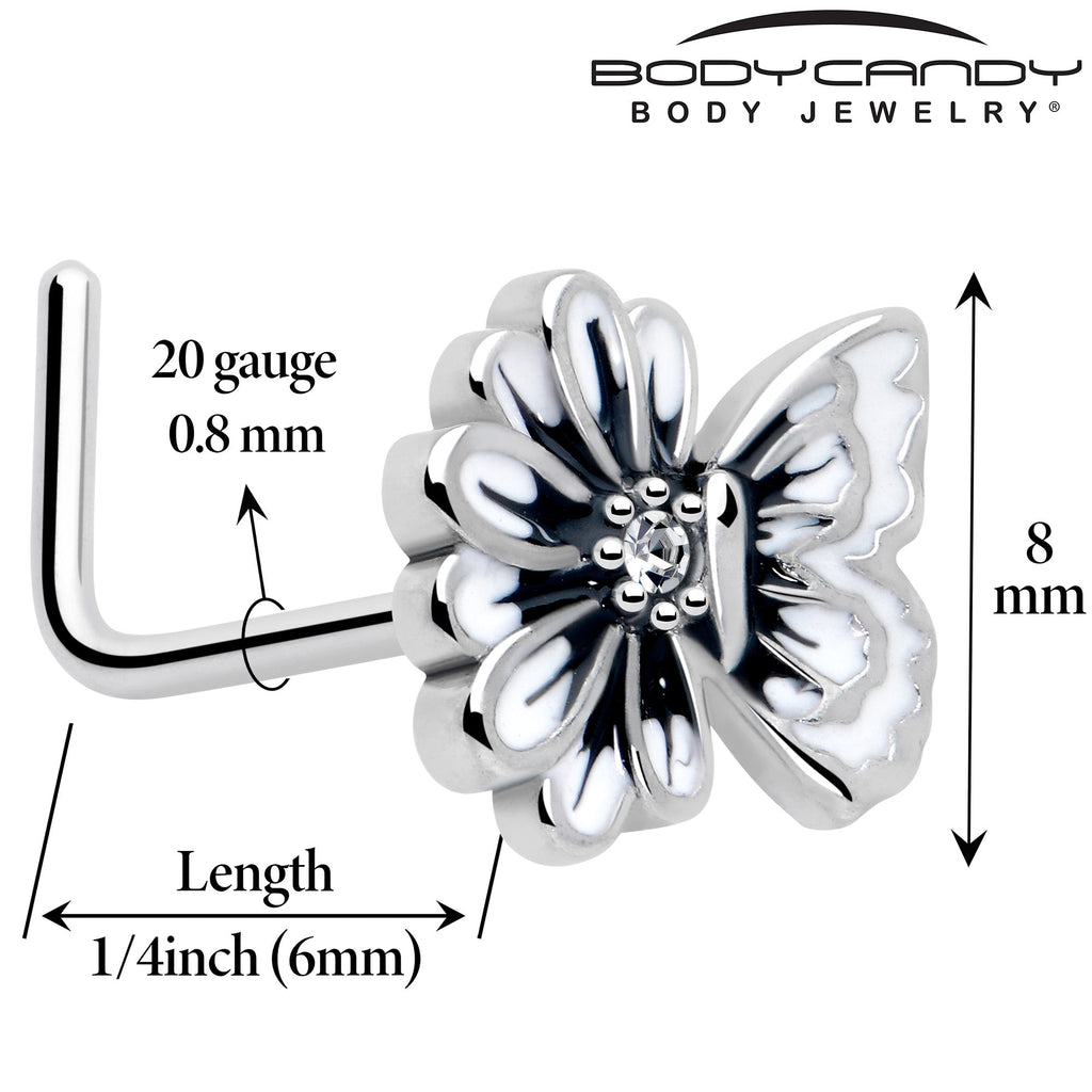 20G 1/4 Clear CZ Gem Butterfly Blossom White L Shape Nose Ring