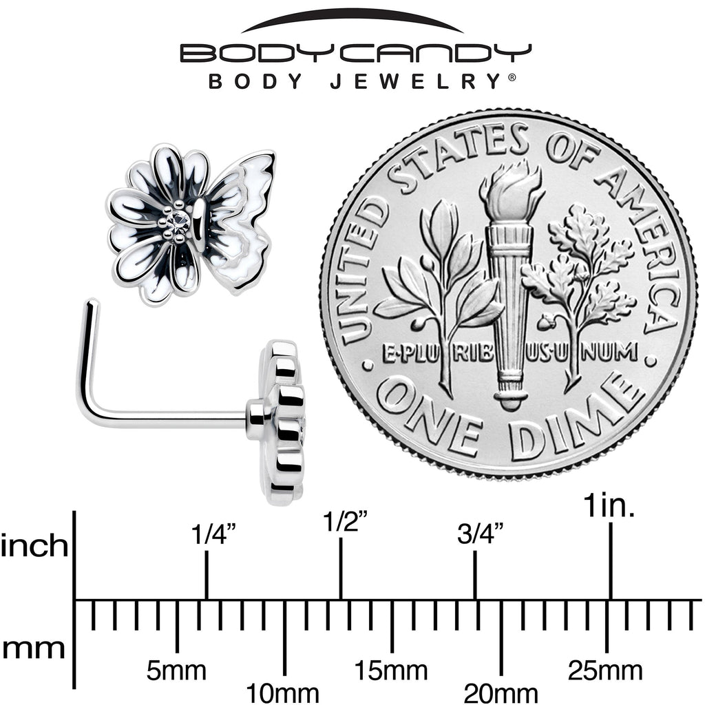 20G 1/4 Clear CZ Gem Butterfly Blossom White L Shape Nose Ring
