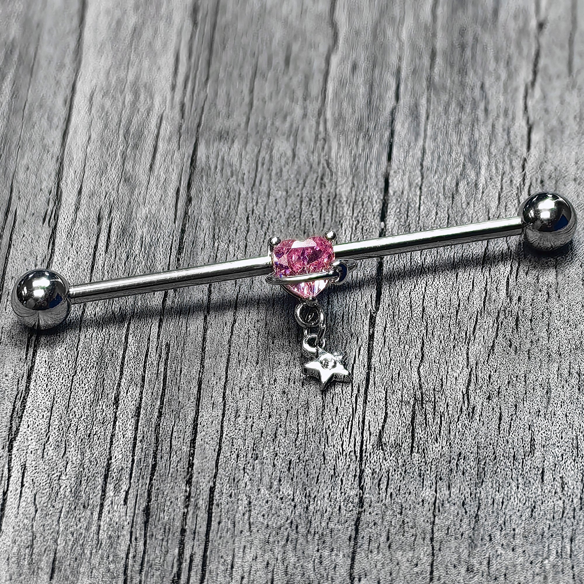 14G Pink CZ Gem Starry Saturn Heart Dangle Industrial Barbell 38mm
