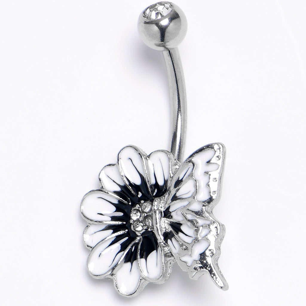 Clear Gem White Flower Butterfly Belly Ring