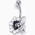 Clear Gem White Flower Butterfly Belly Ring