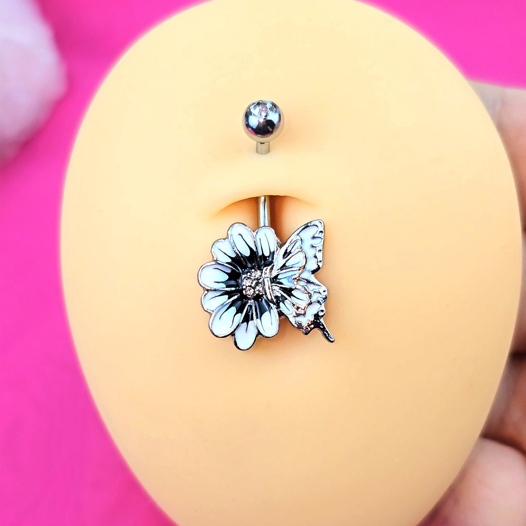 Clear Gem White Flower Butterfly Belly Ring