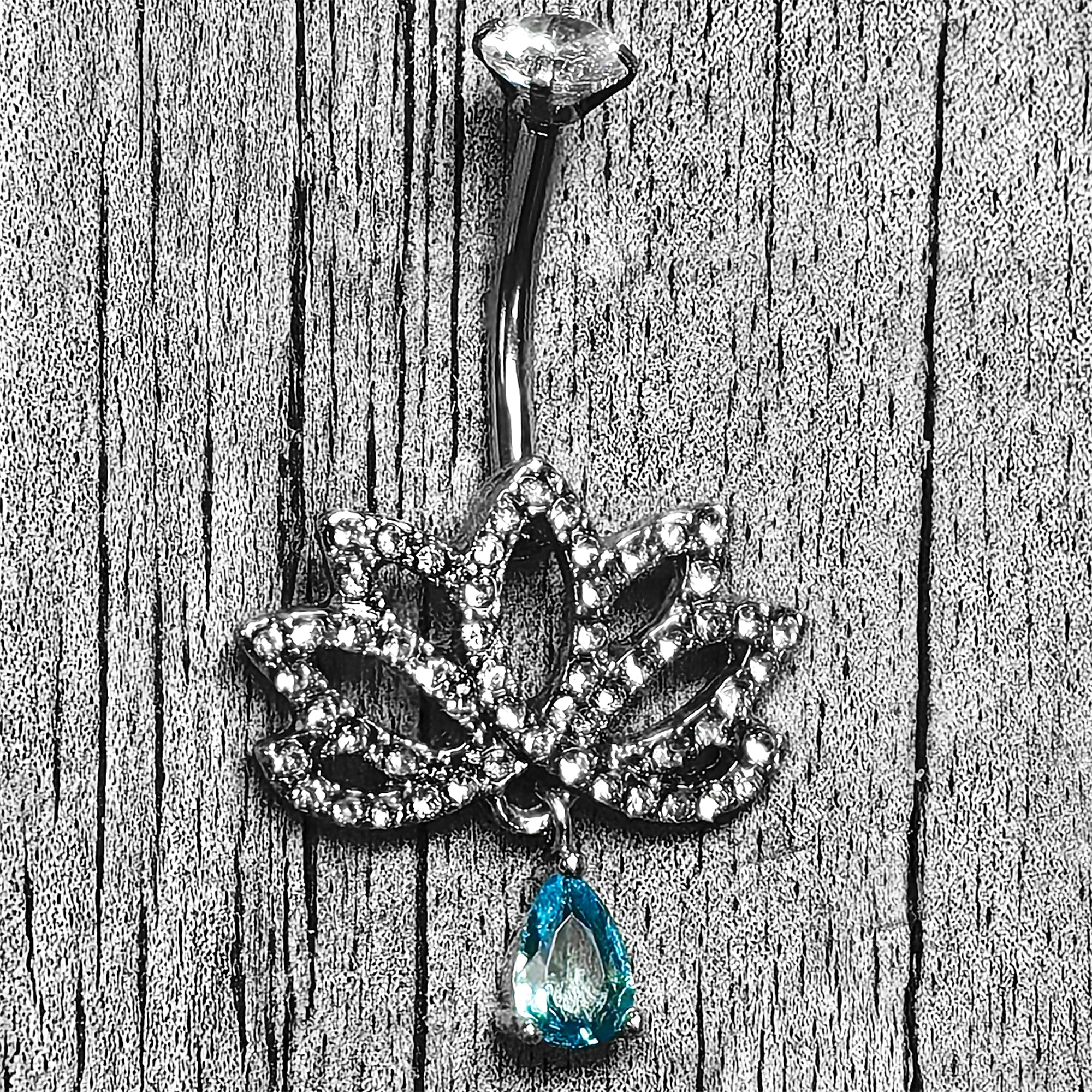 Clear Blue CZ Gem Fashion Flower Lotus Flower Dangle Belly Ring
