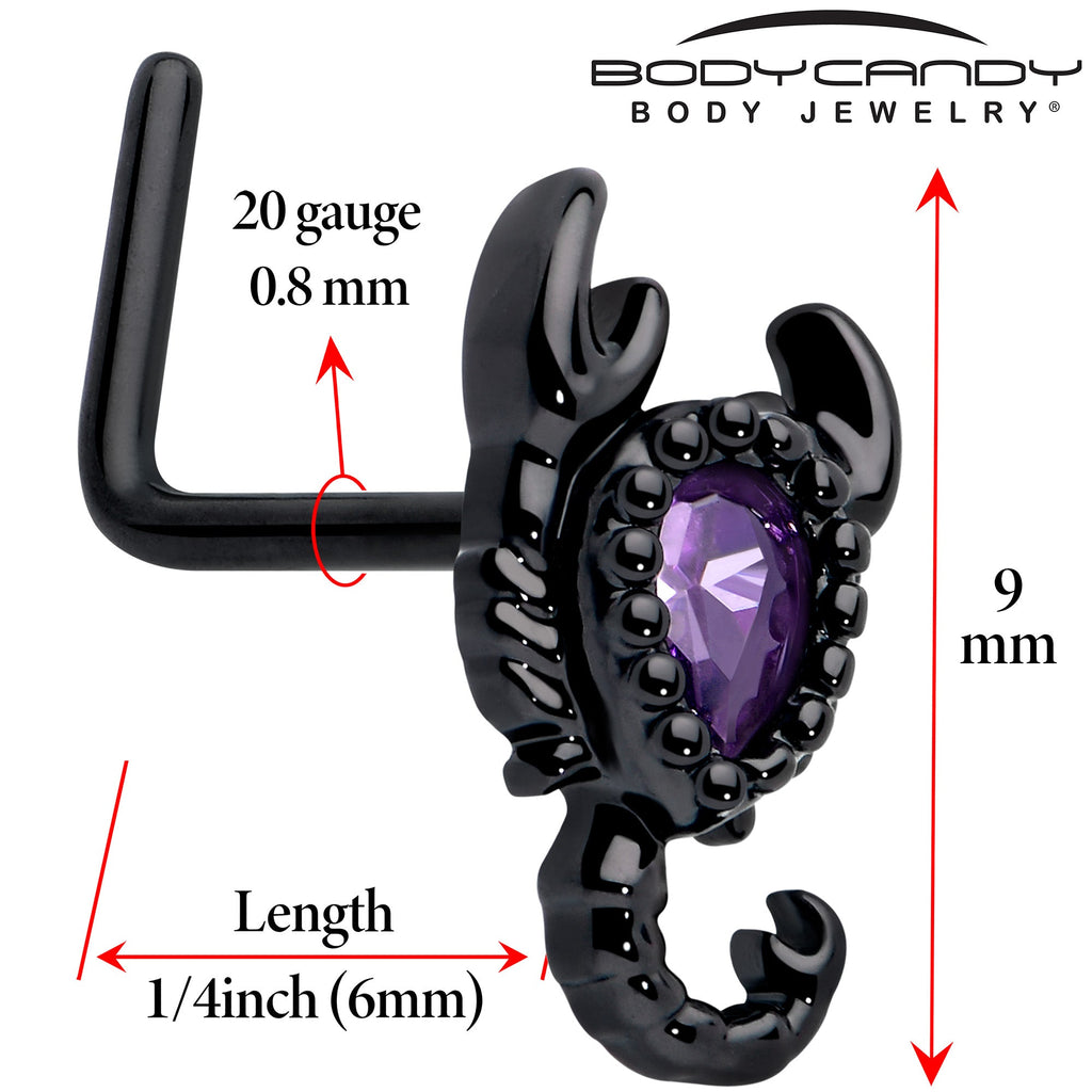 20G 7mm Purple Gem Black Goth Scorpion L Shape Nose Ring