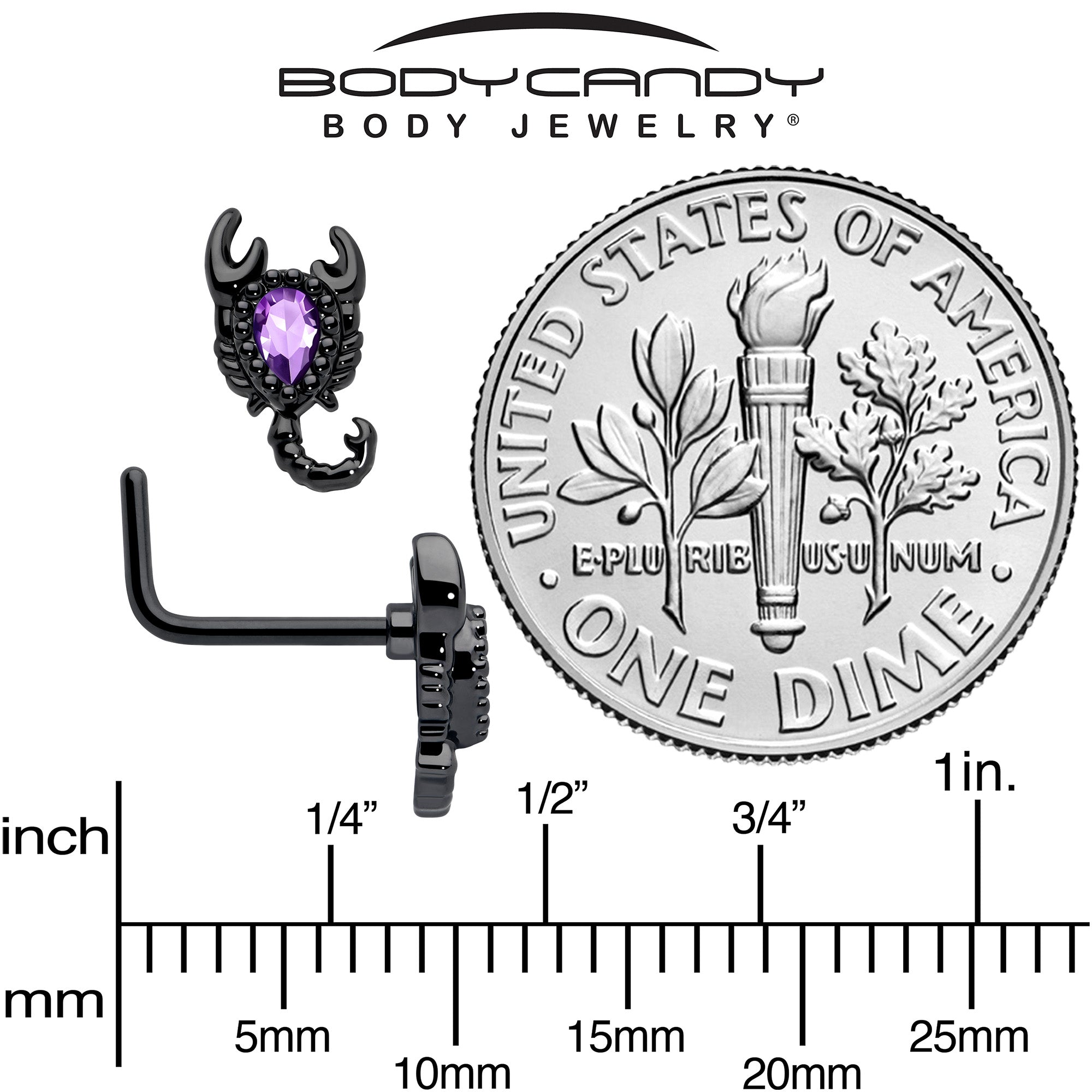 20G 7mm Purple Gem Black Goth Scorpion L Shape Nose Ring