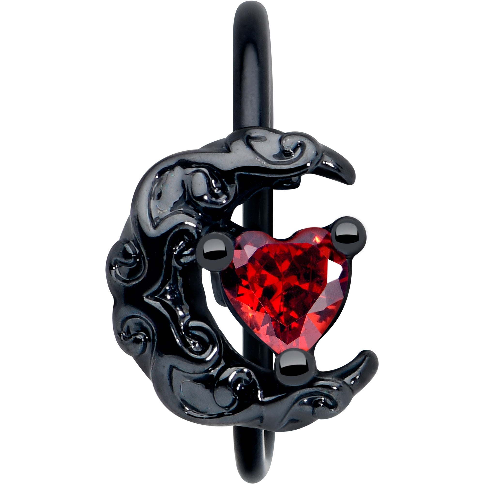 20G 5/16 Red Gem Black Scroll Moon Heart Nose Hoop