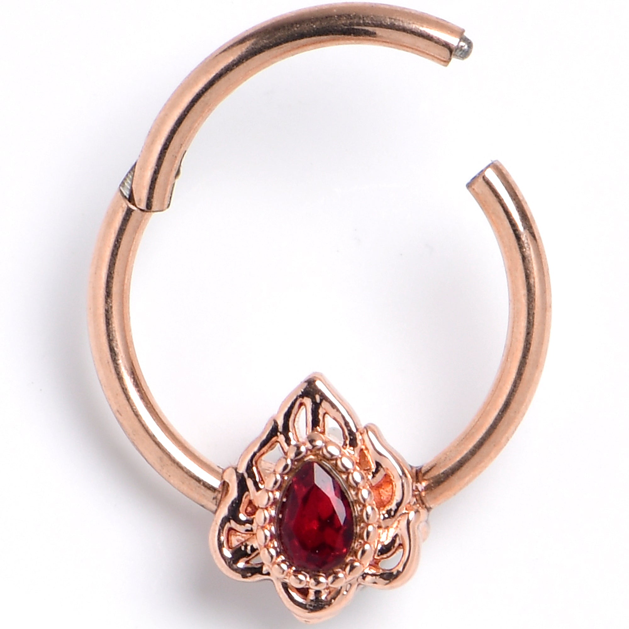 16G 3/8 Red Gem Rose Gold Tone Firey Flame Hinged Segment Ring