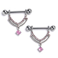 14G 9/16 Pink CZ Gem Double Curvation Dangle Nipple Ring Set